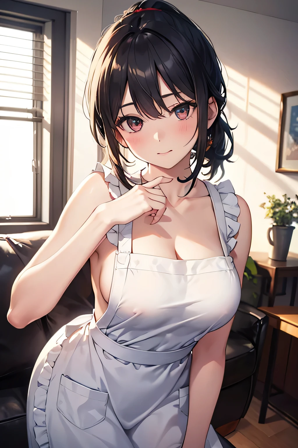 (Best quality, 8k, 32k, Masterpiece, UHD,:1.2),RAW, 1girl,ultra cute , natural lighting,transparent shining eyes, 18yo,medium  ,fair complexion ,flushed face,Naked apron, at kitchen, ( :0.8)