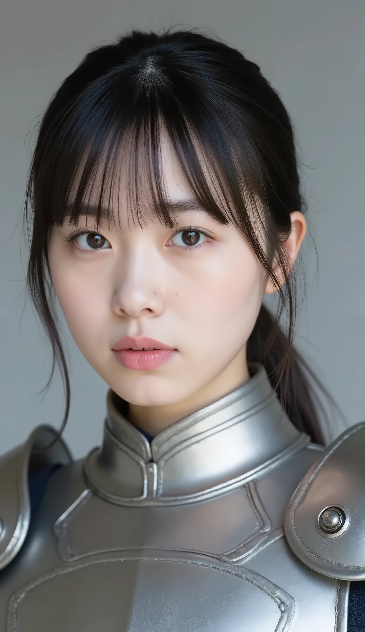 neat young woman wearing luxurious silver armor、、female knight、、、ear piercings、looking at camera、looking directly in front、歯を見せた笑顔、、face close-up、grey background、