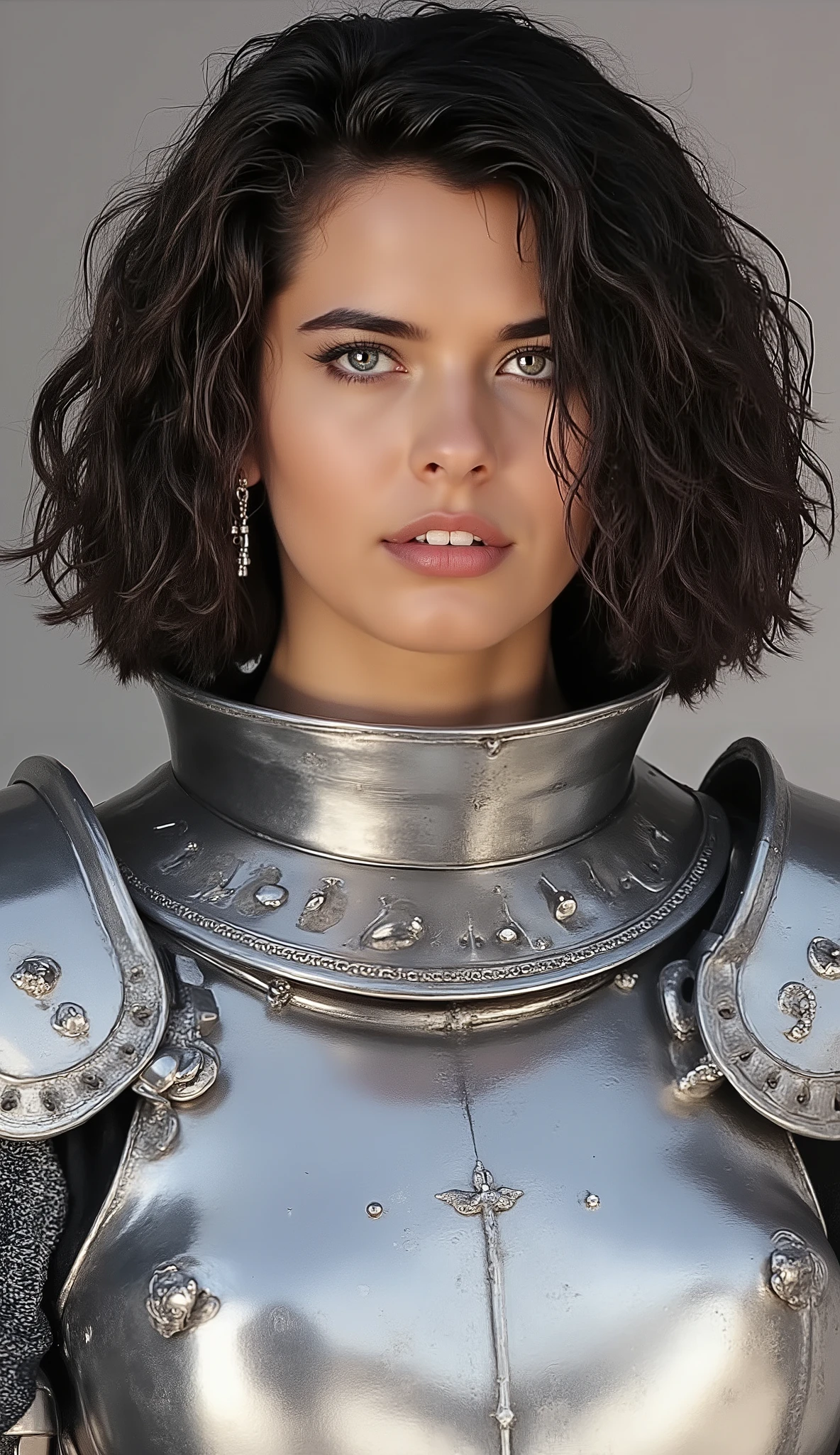neat young woman wearing luxurious silver armor、、female knight、、、ear piercings、looking at camera、looking directly in front、前髪あり、、、歯を見せた笑顔、、、face close-up、grey background、
