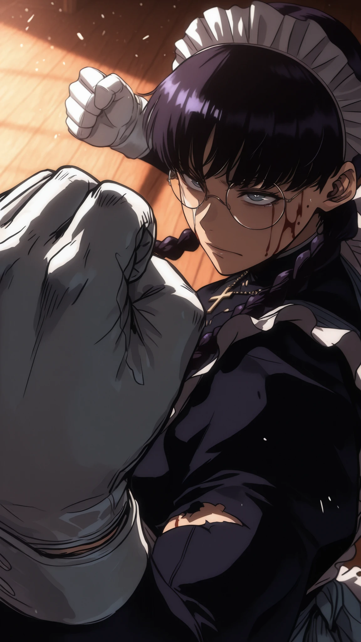 roberta, broken round glasses, maid, black hair, twin braids, dark purple hair, long sleeves, torn clothes, ripped up maid clothes, cross, white gloves, we can't see her eyes behind her glasses, blood on her face, blood, stoic face, boxing stance, fight stance, clenched fist, good Anatomy, solo leveling style, solo leveling artstyle, morning light, visible muscles through clothes, perspective, good perspective, close up