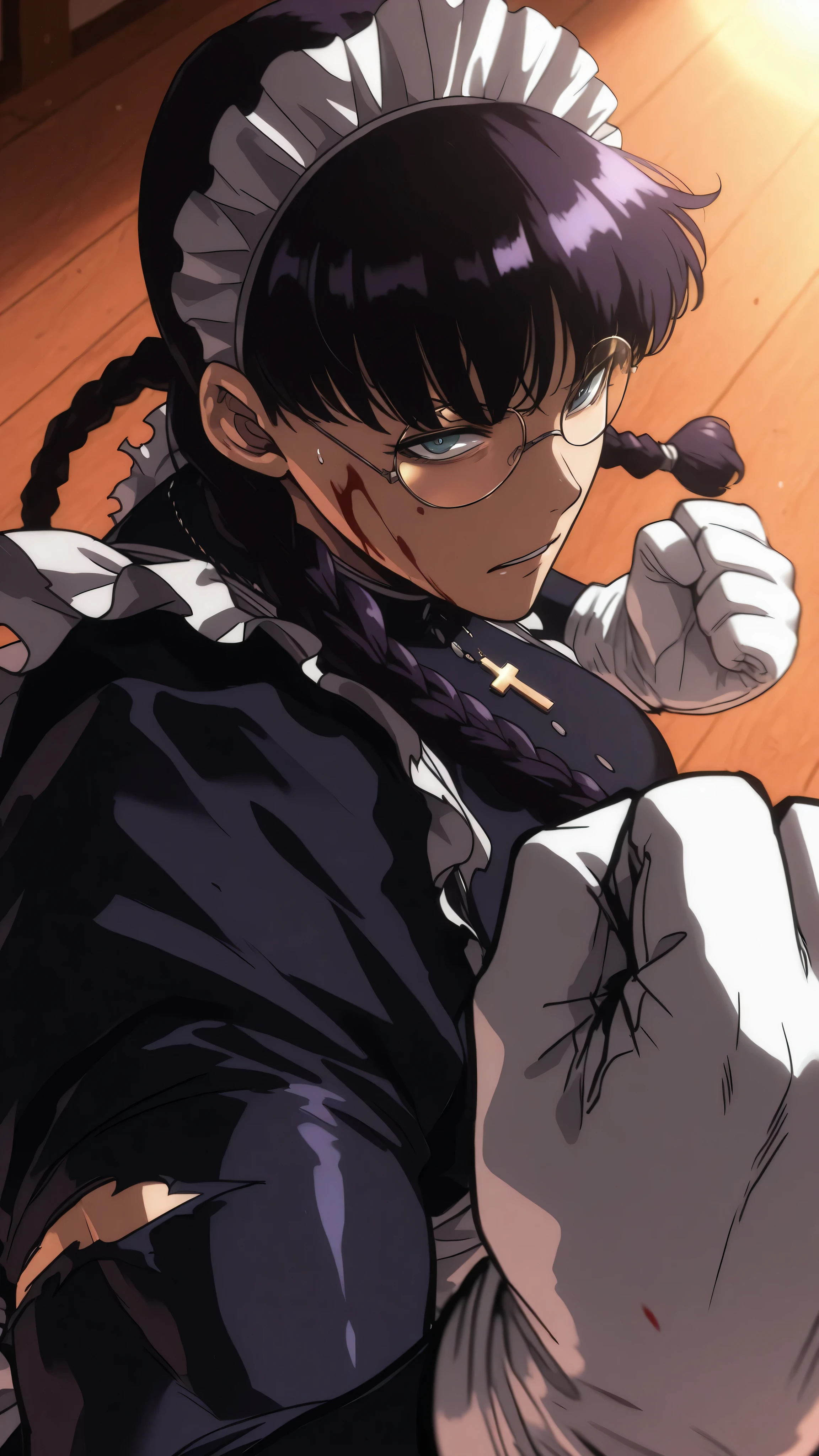 roberta, broken round glasses, maid, black hair, twin braids, dark purple hair, long sleeves, torn clothes, ripped up maid clothes, cross, white gloves, we can't see her eyes behind her glasses, blood on her face, blood, stoic face, boxing stance, fight stance, clenched fist, good Anatomy, solo leveling style, solo leveling artstyle, morning light, visible muscles through clothes, perspective, good perspective, close up