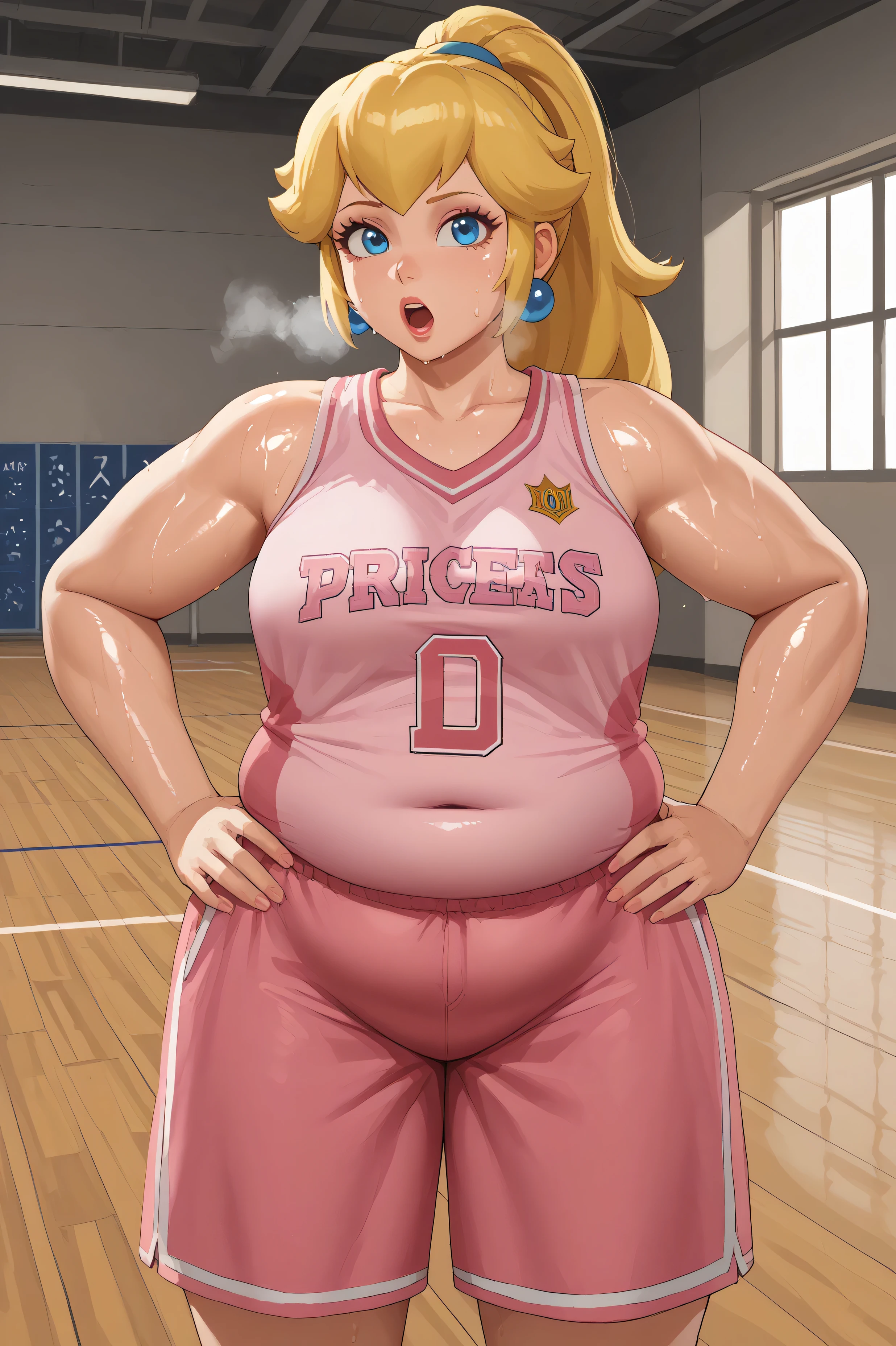 score_9, score_8_up, score_7_up, BREAK, 1girl, solo, princess peach, 1girl, solo, , blonde hair, ponytail, jewelry, makeup, casual, cowboy shot, blue eyes, looking at the viewer, large breasts, hand on hips, pink tanktop, sweaty, pink shorts, sweating profusely, open mouth, exhausted, heavy breathing, puddle of sweat on the ground, steam coming out her mouth, gym, indoors, she wears pink shoes,medium breasts,, basketball uniform, jersery, sportswear, jersey, shorts, sleeveless,, audience, gym, sweat, open mouth, steam, sweat, looking at viewer, open mouth,, cowboy shot, half shut eyes, obese, chubby, thick thighs, chubby cheeks, big arms, (((Shiny Skin))), full body, 3d, sourcefilmmaker 
