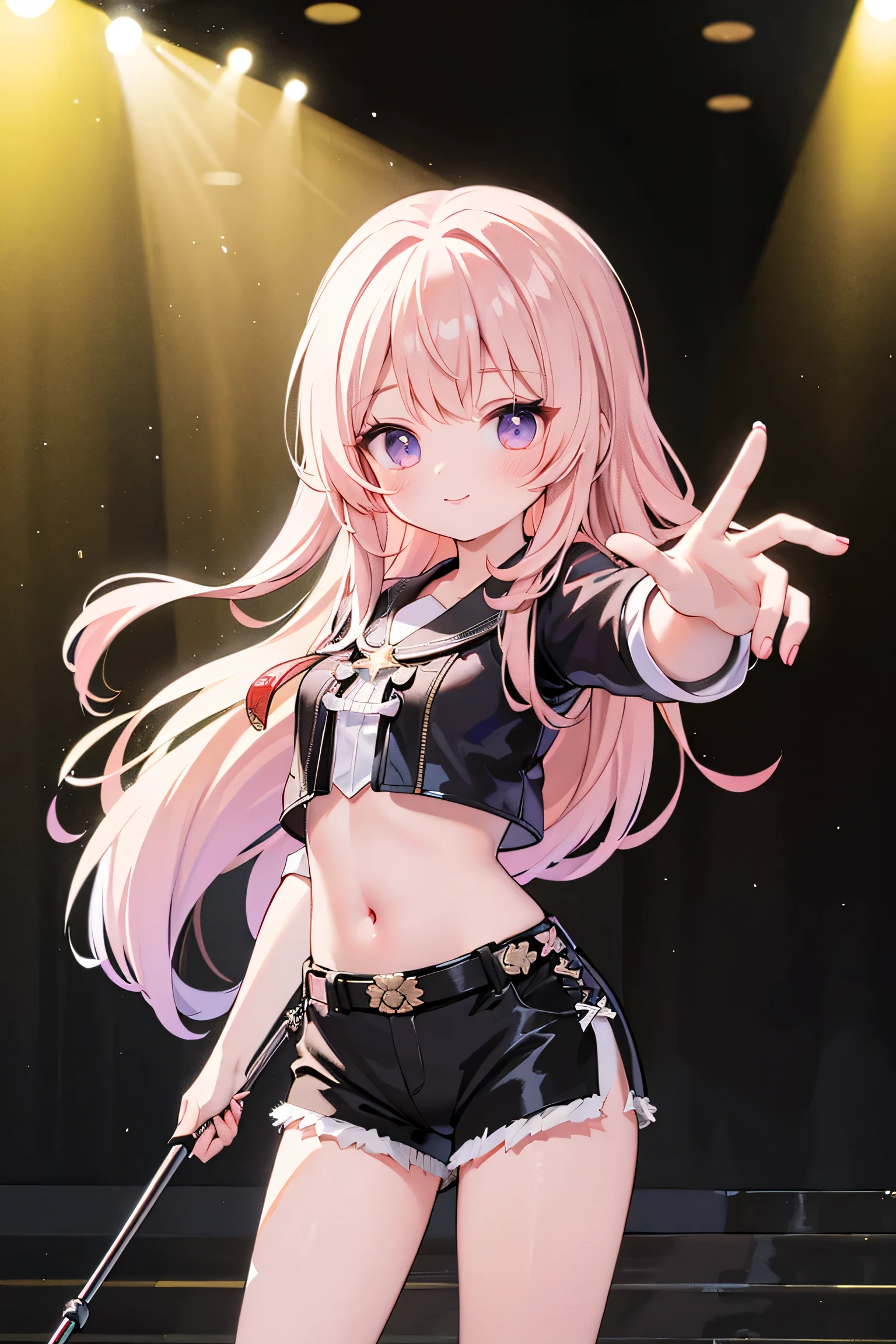 best quality ，Ultradetailliert ， nice face ， Meisterwerk、 Meisterwerk, erstklassig, 
Meisterwerk, best quality, amazing quality, (genauer Stil), (detailed face), Genaues Gesicht, Treffende Augen, genaue Farben, detaillierte Augen, Rumi kpop, Only 1 very long purple braided, geschwungener Zopf,Pony, braune Augen,  1 girl, Allein, 3d, Gelbe  Cropped Jacke, schwarze Shorts, Bauch, red belt, white crop top, Stiefel, has golf clubs in the right hand,spielt Golf, very dynamic pose, very dramatic perspective, Cowboy-Schuss, Hellblaues Crop-Top, on stage,View viewers directly, very sweet smiling,looks directly at the viewer, happy smile, Elegant,  very thin legs, dunkler Hintergrund, very narrow hip, schmale Beine, , extremely detailed,  best quality ，Ultradetailliert ， nice face、 Meisterwerk, erstklassig, 1 girl in, best quality , 1 girl dark background