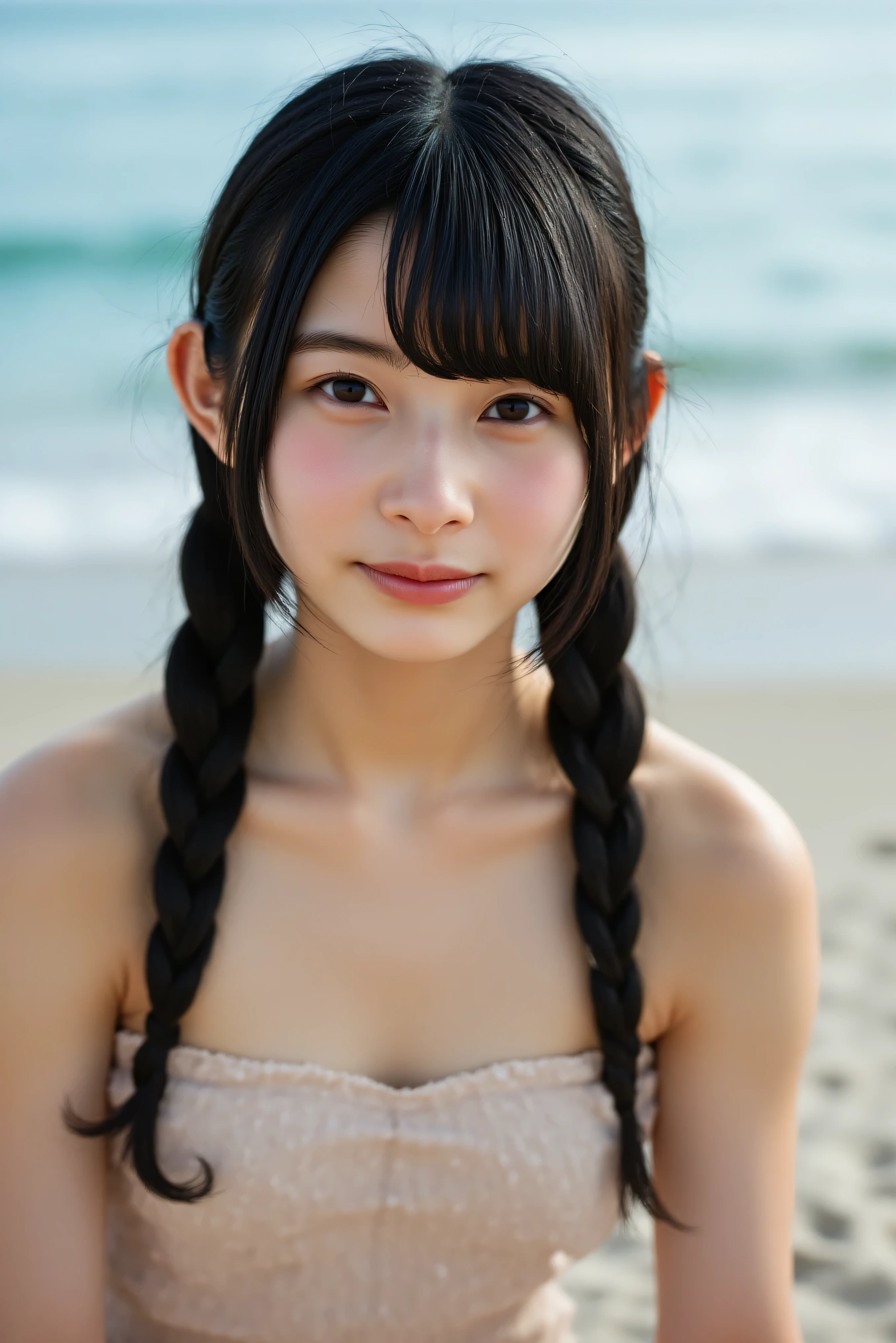 naked blue beach background wheat-colored skin freckles face Smile Yan braids nude 上半身naked