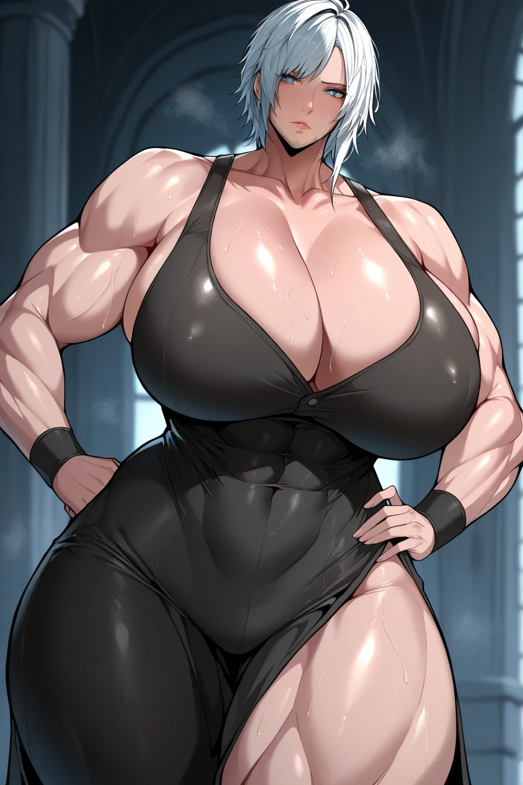 ((((((1 girl)))))), (chubby physique), nagatiti, ((())), thick thighs, wide , serious, curvy, white hair, solo, dark skin, leotard, ((((huge muscles))))