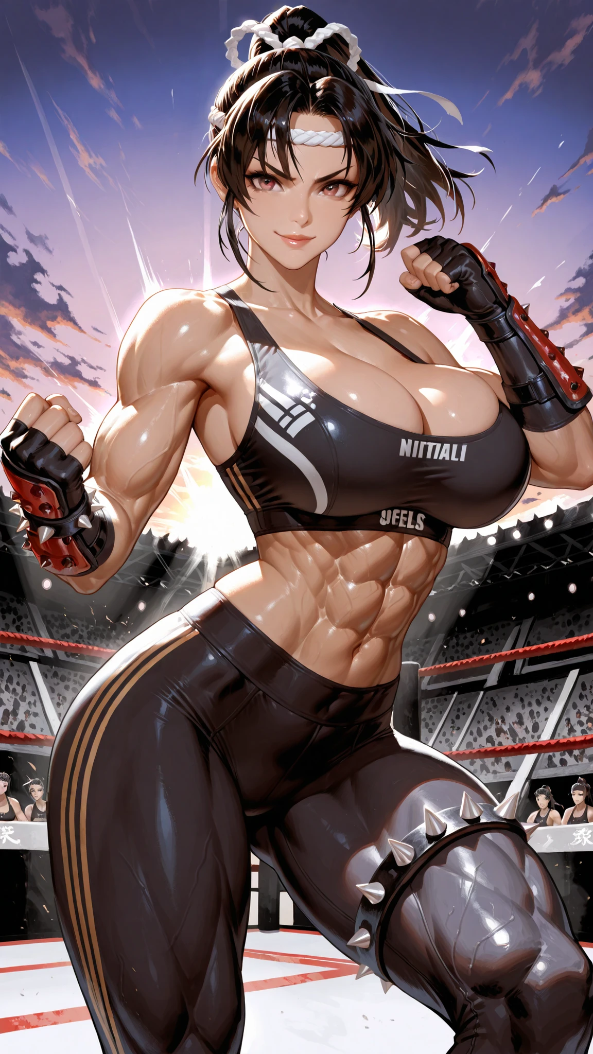 ((((1 girl)))), solo, black, hair, extremely long hair, yellow eyes, angry, ((((huge breasts)))), ((((thick thighs)))), curvy, wide hips, ((((((muscular)))))), toned body, crop top, bike shorts, navel, abs, concrete, sweaty, (wide hips:1.4), (big buttocks:1.4), (thick thighs:1.4), (small waist:1.4), (gigantic breasts:1.4)