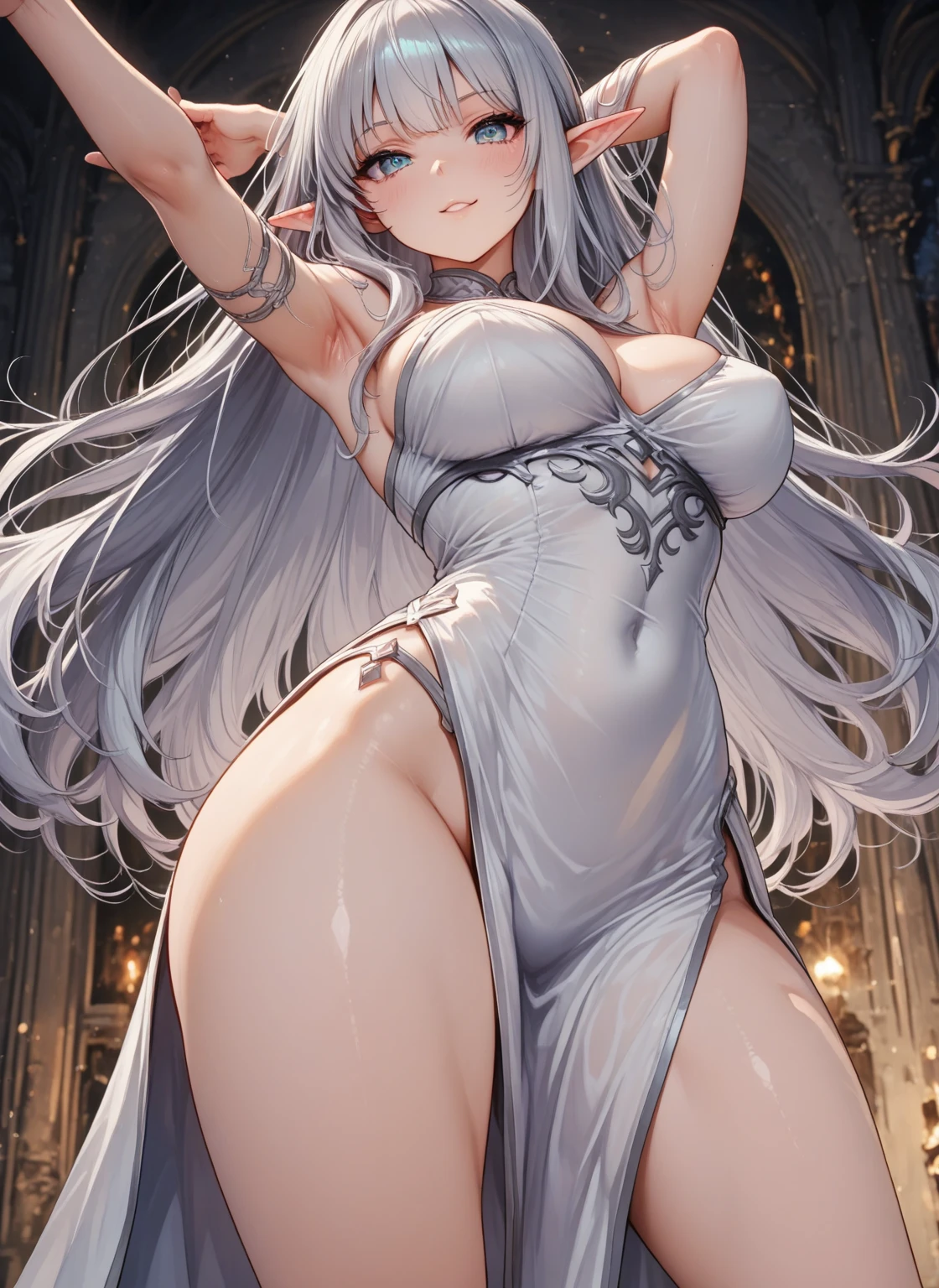 A girl，long hair, Bangs, White hair, Hair between the eyes, Purple Eyes:（1.5),  (Large Breasts:1.2), 
rest  锁骨, Wedding dress，veil，wedding，White dress，Flowers，Broken skirt，White socks，Tights，White knee socks，
looking at viewer, whole body,
indoors, church，Standing，Standing，
rest (masterpiece:1.2), best quality, high resolution, Unity 8k Wallpaper, (illustration:0.8), (Beautiful and delicate eyes:1.6), Extremely detailed face, Perfect lighting, Extremely detailed CG, (Perfect hands, Perfect anatomical structure),