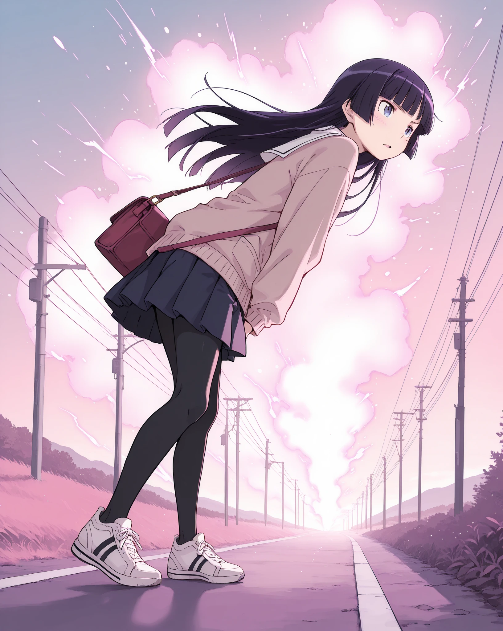 masterpiece, Exquisite detail,Highest quality, One girl, alone, handrail, cloud, 立ってNULLを見上げている,Long Hair, shoes, NULL, Long sleeve, sneakers, Power lines, White footwear, Black Hair, View your viewers, Electric pole, bangs, cloudy NULL, fish, bird, Green Eyes, Shorts, animal, Day, Black Shirt, barefoot