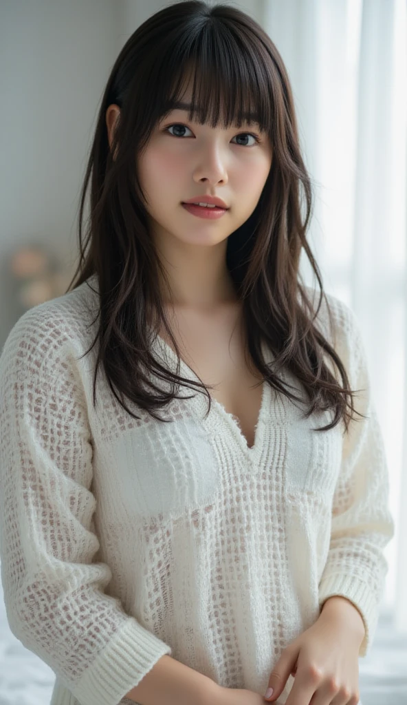 Top image quality、4K picture quality、Best Quality、Colossal tits、g-cup、22year old、japanes、Short stature、Wearing a white blouse with long sleeves and collars、she is wearing a brown pleated miniskirt.、Thin leg、Standing in a dark alley,Composition of the whole body,Draw a face