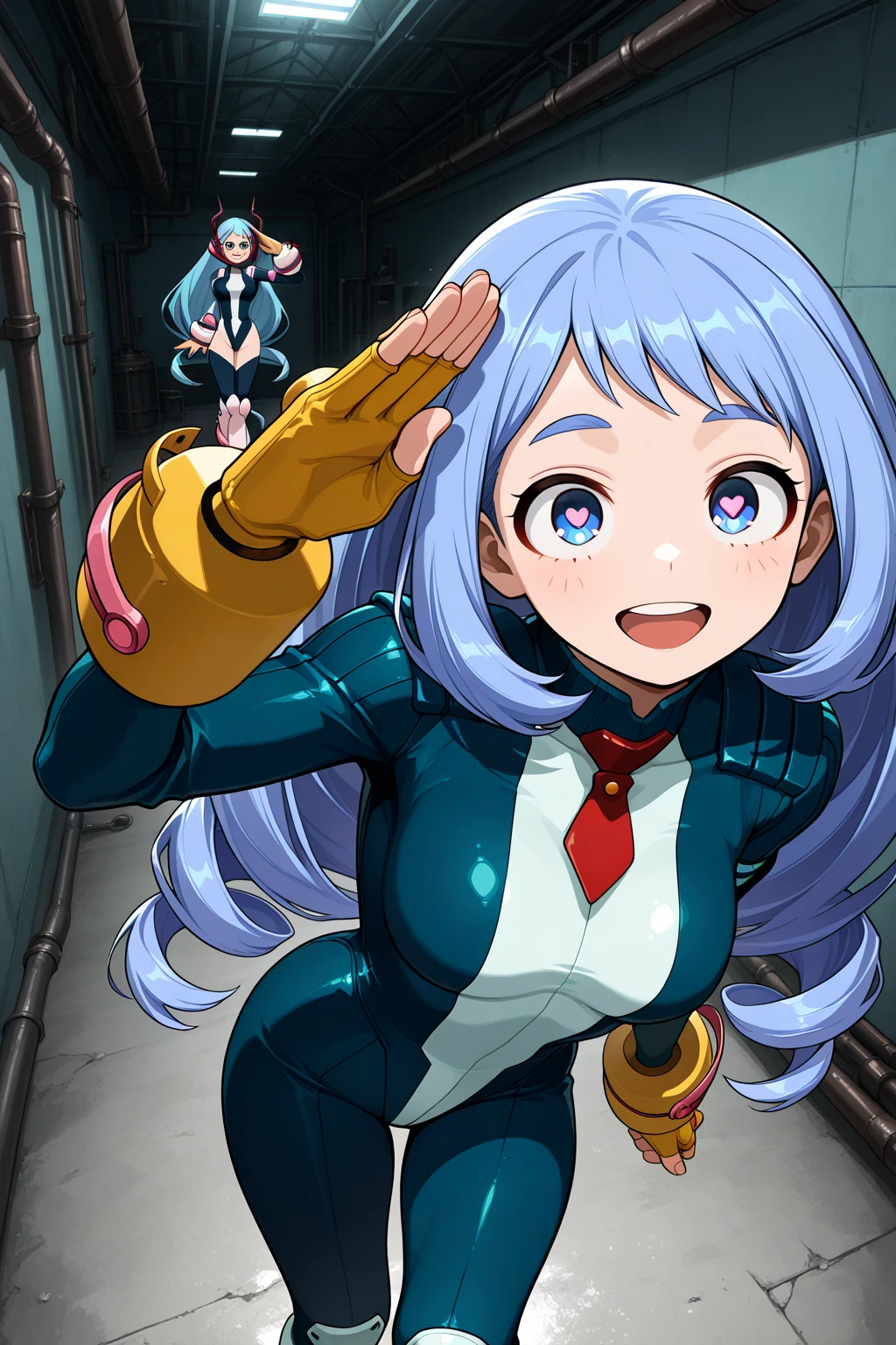 1girl, blue hair, long hair, hair in buns, brown clothes, brown eyes, goggles, brown gloves, confident, energetic, engineer, cute, happy