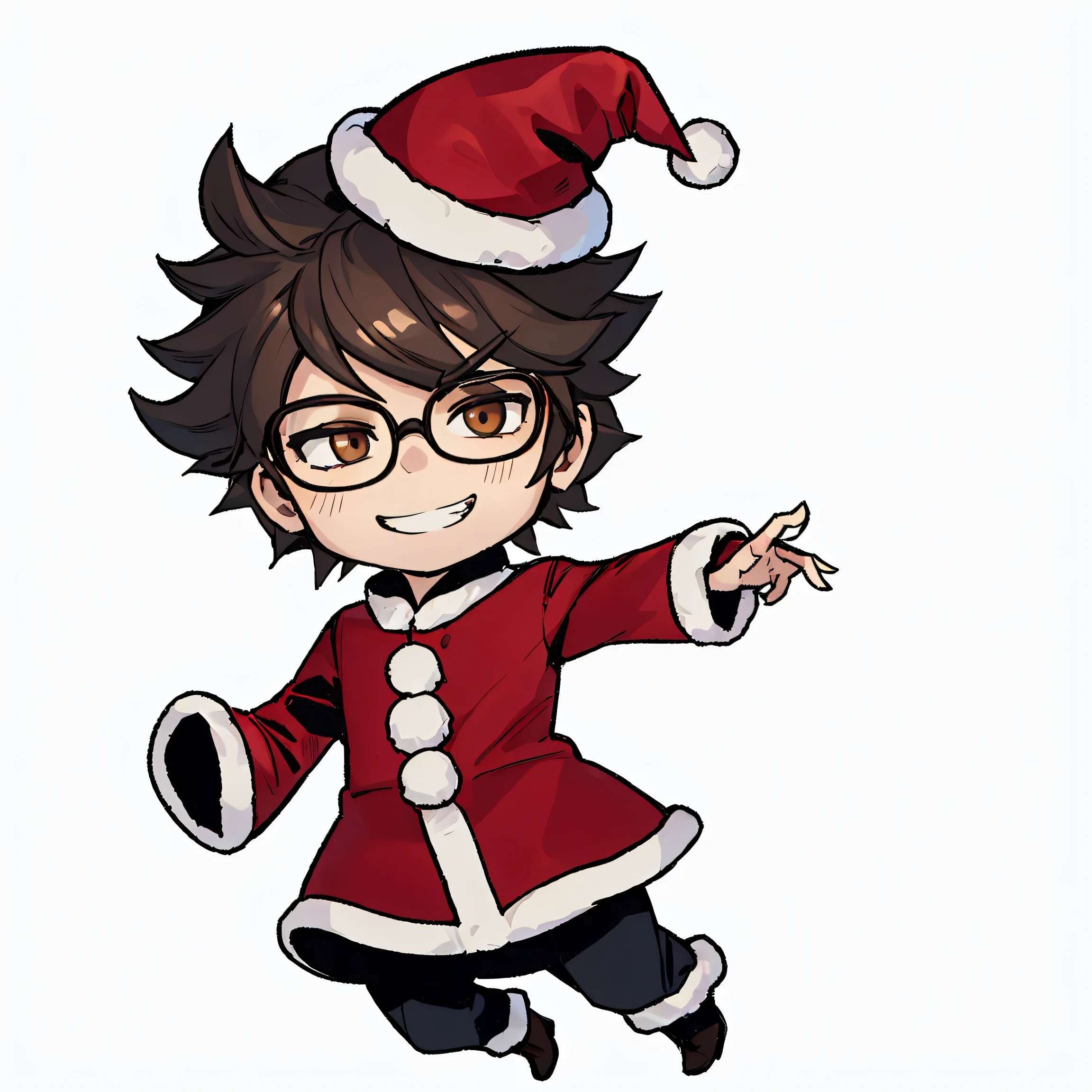 highly detailed, depth-focused foreshortening, high quality, masterpiece, best quality, amazing quality, very aesthetic, white background, high resolution , chibi simple anime art style, white background, solo , full body view, floating, levitating, chibi guy, chibi man with brown hair grin , wearing glasses, brown hair , large head and small body , wearing glasses, smirk, smug grin , male, short hair , floating in the air , small body , chibi body, short hair, male short hair, Christmas hat, Christmas theme