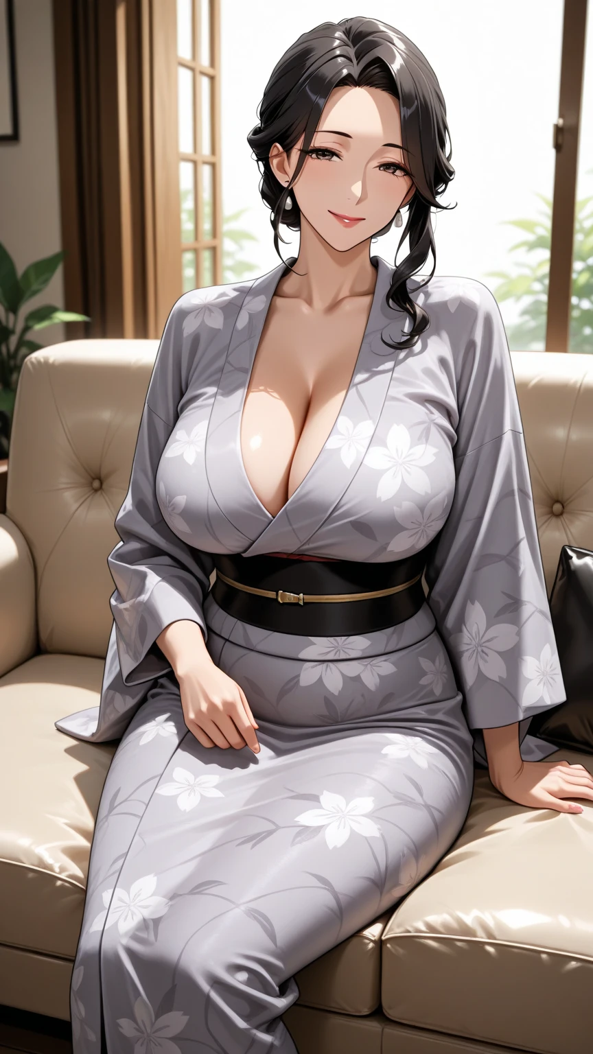 1 Girl，single，Long hair，breast，Black Hair，Ribbon，clasped，Cleavage，bareshoulders，Double tail，Sitting，Headband，sleeve，Japanese clothes，barefoot，kimono，belt，mask，Obi，cell phone，智能cell phone，拿着cell phone，on the floor，Selfie，红色kimono，短kimono，狐狸mask