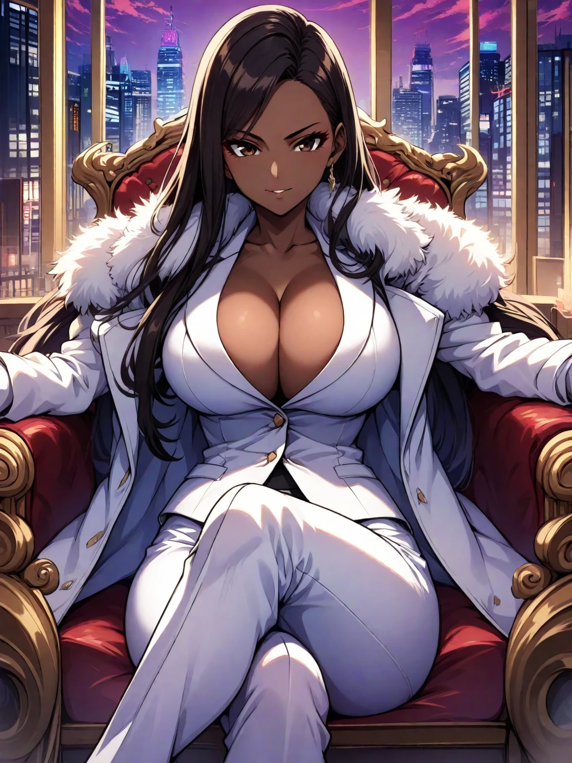 ((Office Lady Costume)),((Spread your legs)),((Lace panties)),(((Highest quality))),((Correct Anatomy)),((Black Pantyhose))(masterpiece, High resolution, Highest quality:1.3), Professional artwork, 8K, Very detailed, complicated,  Vivid image, Sharp focus, Trending on pixiv , pose, alone, Mature Woman, 40 years old, Mature Woman, Curvy, (Dark Skinned female:1.2), (Dark Skin:1.1), Verbal invitation, View your viewers, Long Hair, ponytail, (Hair on one eye:0.8), Circlet, Purple lips, Hoop Earrings, Lock, Perfect Eyes, Perfect Face, Ultra detailed hair, Detailed face,(Luxury),(Luxury Chair)