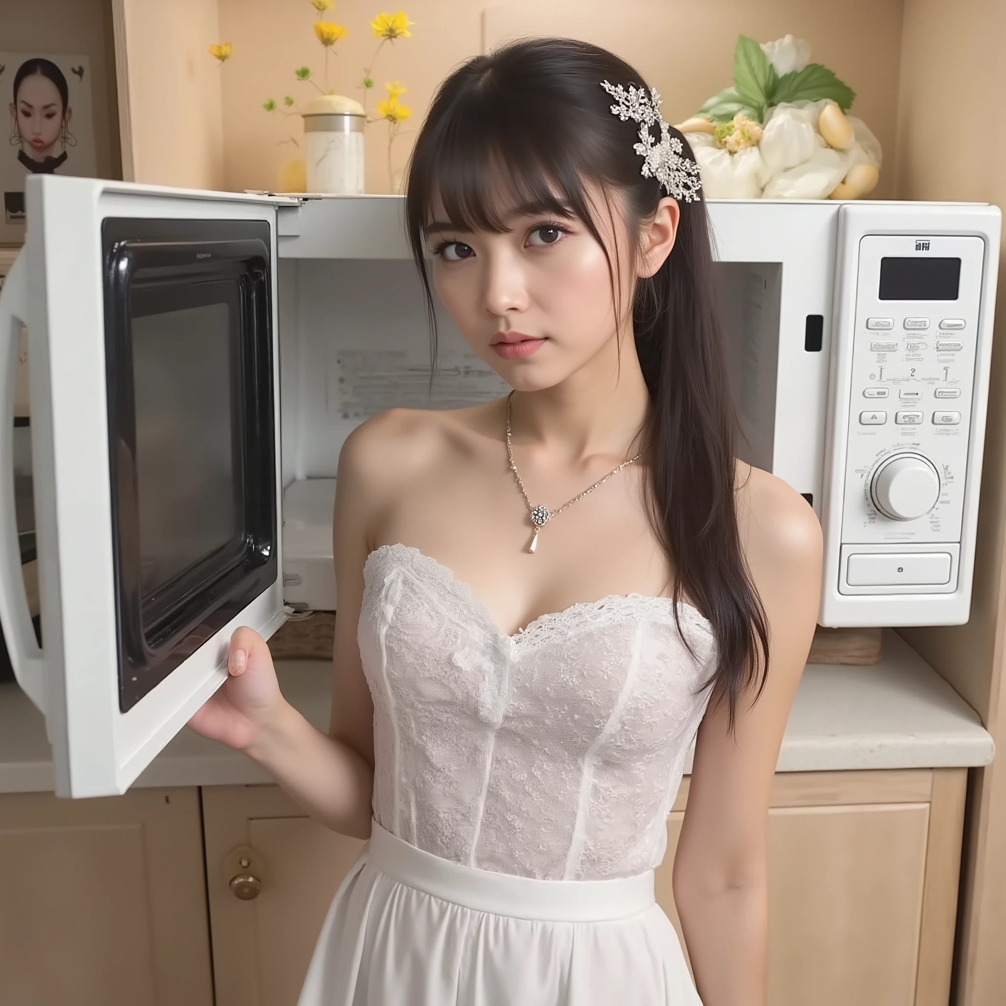 and she stands in the center of it {x} Japanese top gravure beauty idol standing in microwave:1.5、The microwave door is wide open、with the entire microwave in the composition、perfect style slim, slender body、standing in the teacher's house、BREAK, 16K Photorealistic、she has white and gold clothes like a goddess、 I have a bill in my hand、Precisely drawn down to the smallest detail , BREAK, she is beautifully illuminated with movie lighting and is a masterpiece, a flowing ponytail gracefully drawn, adorned with delicate jewelry with exquisite purple lace、This image is a realistic style with attention to detail, super clear focus,