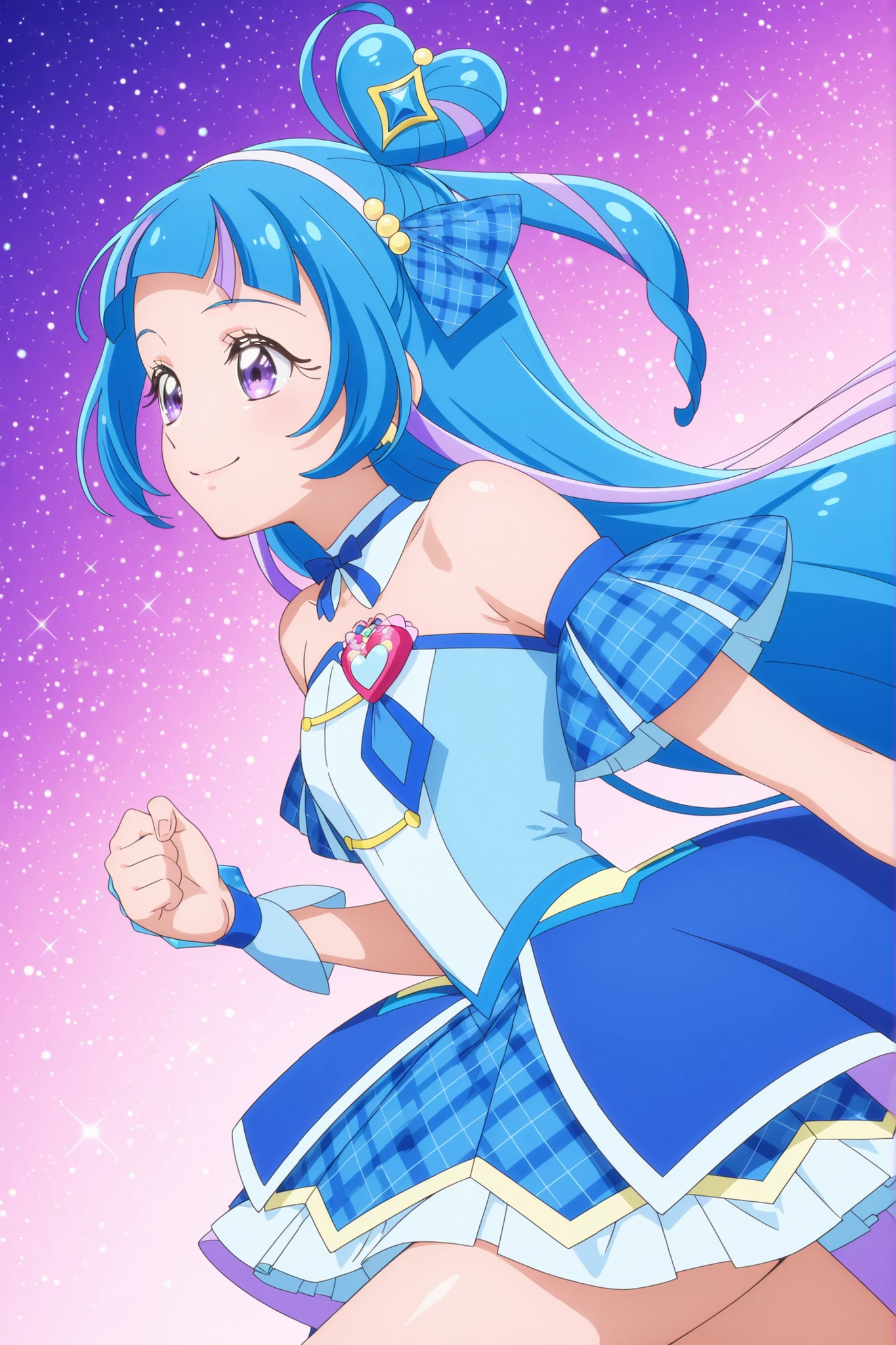 cure wink, kimi to idol precure, blue hair, magical girl, mini crown, purple eyes, blue dress, tilted headwear, very long hair, blunt bangs, shoulders, hairband, two-tone hair, purple hair, jewelry, idol clothes, masterpiece, best quality, anime, source anime, illustration,idol heart brooch, thigh ,closed mouth ,smile,running ,glossy lips ,medium breast,cowboy shot,from side , white glitter background