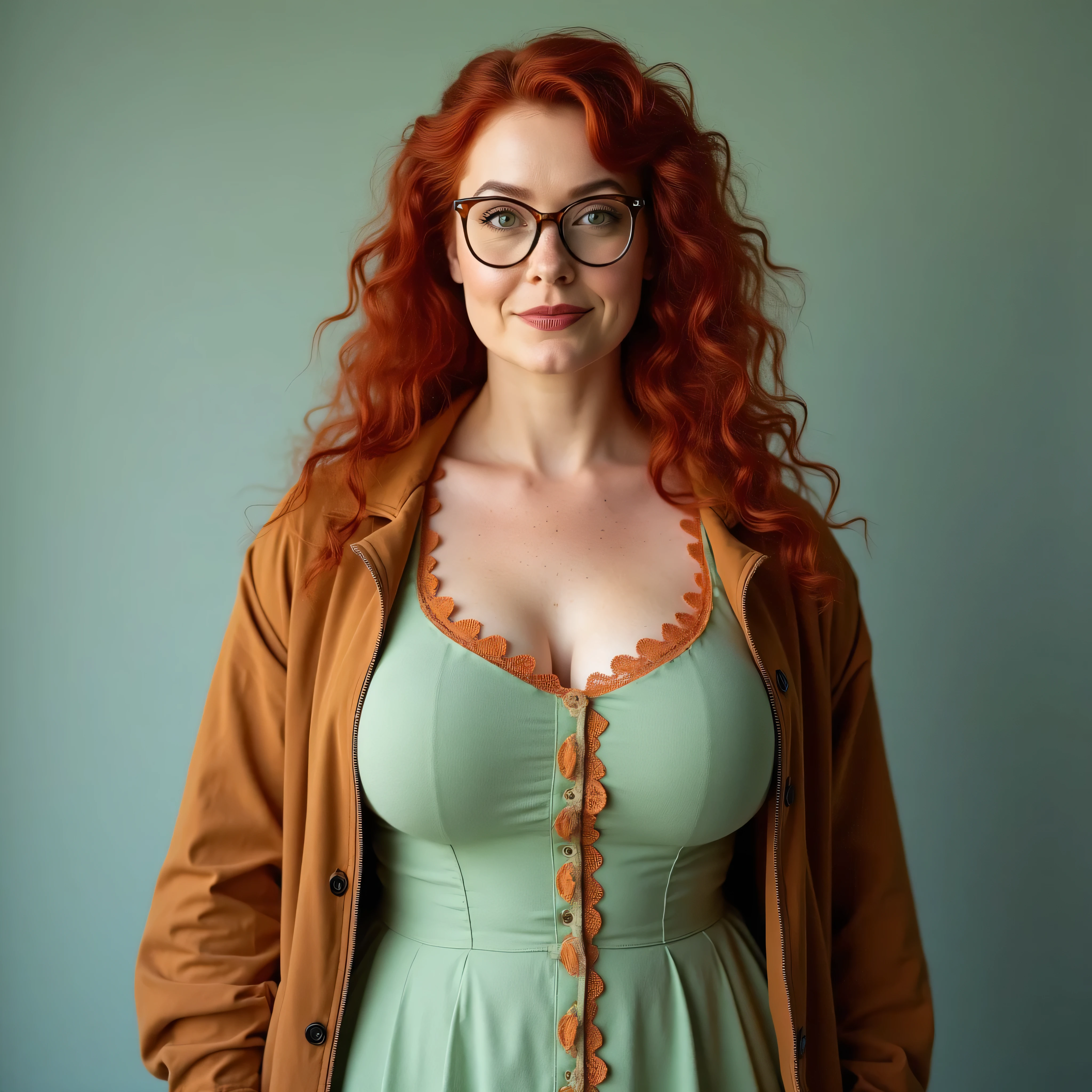 A realistic, high resolution photograph of a beautiful Irish woman in her 50's; full body frontal view facing the camera with her arms at her side, looking at the camera. There is extra space in the photo above her head. She has a short, curvy, figure featuring medium rounded pushed up breasts, large hips, and a medium waist. She has very long curly red hair with a middle part. She has a perfect, heart shaped face, thin lips, a small nose, a short, bull neck, and ears that lay close to her skull. She has green eyes, an ivory complexion, freckles and wears a pair of vintage wire rimmed rectangular glasses. Her lips are closed and she has a amused smirk. She is wearing a pastel green cotton dress with soft orange lace trim and buttons down the front and an open almond brown doctor's lab jacket. Her breasts are well defined beneath the clothing and you can see a bit of cleavage. There is no one else in the photo. There is extra space above the subject’s head and centered composition — suitable for magazine-style layout or cinematic framing.