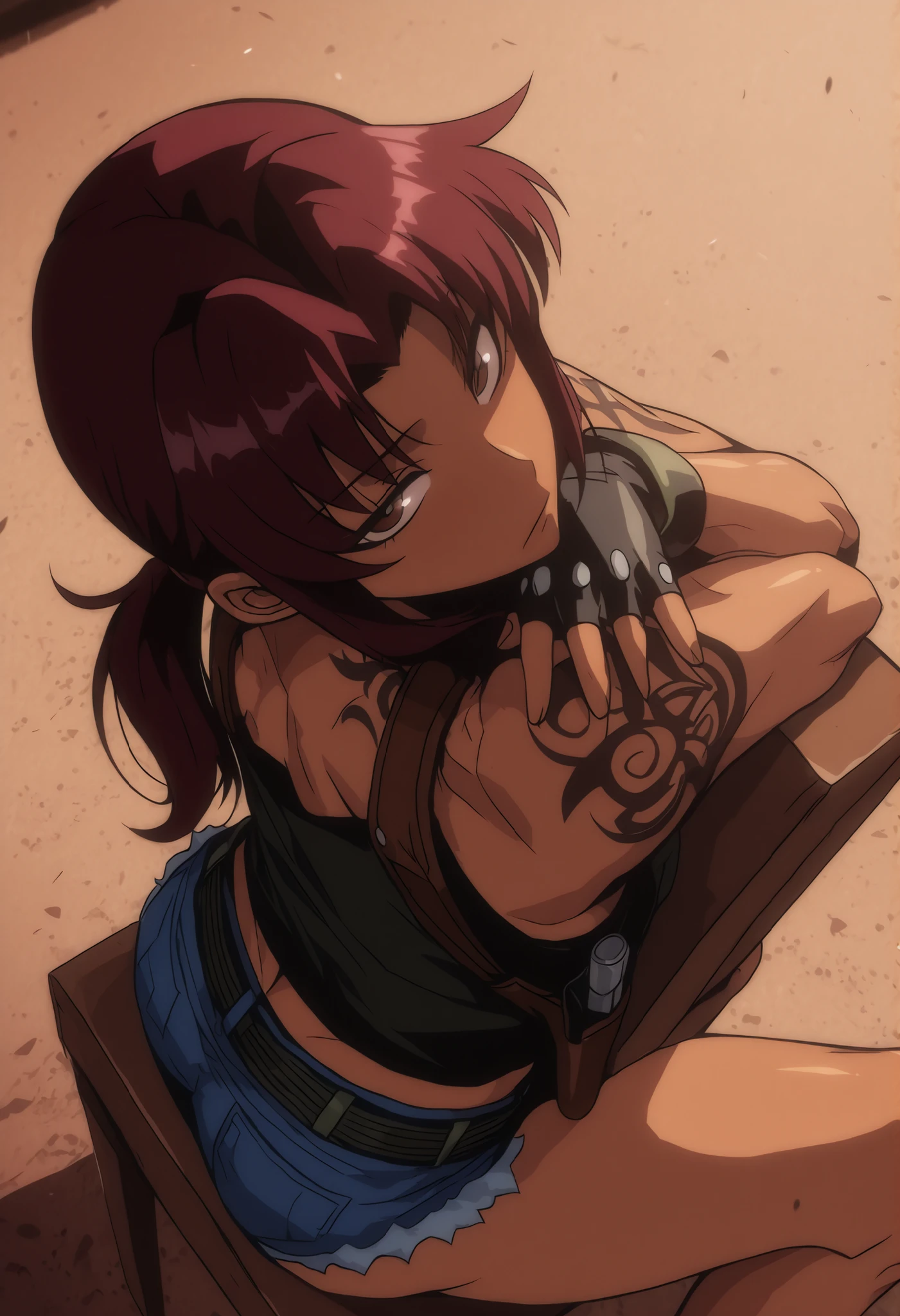 blacklagoonrevy, revy, tan, plum hair, brown eyes, shoulder tattoo, ponytail, dark green tank top, crop top, shoulder holster, black gloves, fingerless gloves, blue shorts, denim shorts, cutoffs, short shorts, Detached belt, midriff, Athletic body, toned body, perfect Anatomy, solo leveling style, solo leveling artstyle, looking at viewer, bored sitting, close up, dust particules in the air,  Hunched shoulders, light from above, sitting backwards on a chair, arms resting on the chair back, arms crossed on the chair's back, lean forward