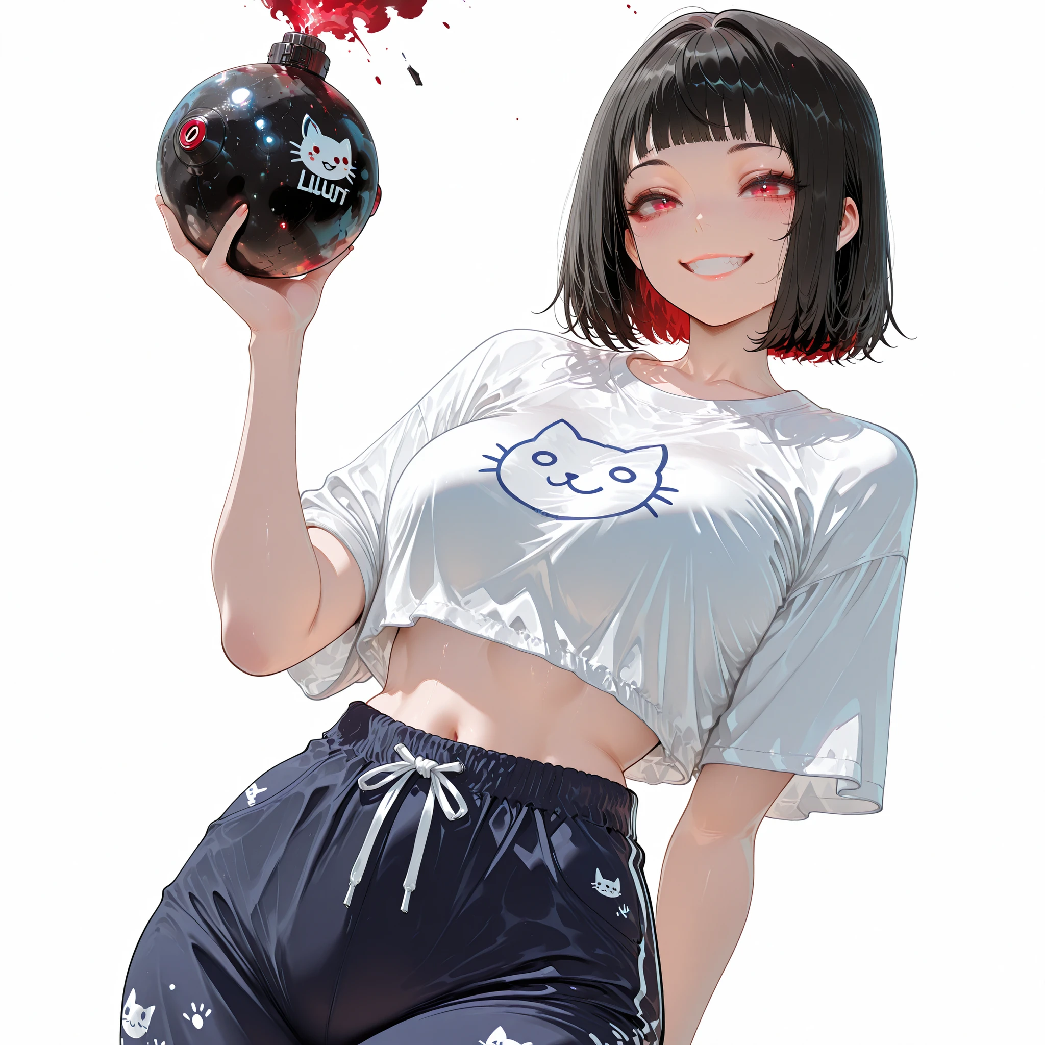 masterpiece,top quality, highres, HDR, high detailed, high definition image, lots of details,best quality,amazing quality,Ultra detailed, Highest quality,Best quality, Top Quality, Amazing Quality, 8K,Very Aesthetic,highly detailed, absurdres, High Resolution, Very Detailed,super detailed,Outrageous,Latest,IllusP0s,detailxl,BREAK ,  1girl, Surprising expression, black hair, short bangs, short hair, red eyes,
white loose cropped t-shirt with a cartoon navy cat print,
navy glossy pajama sweatpants with repeating white cat-face patterns and vertical lettering,
white drawstring, cute homewear outfit,
Happy, Holding bomb,smile,white background, simple background,looking at the view 