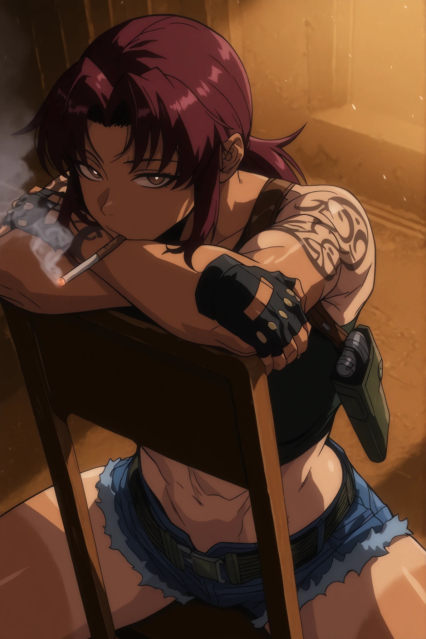 blacklagoonrevy, revy, tan, plum hair, brown eyes, shoulder tattoo, ponytail, dark green tank top, crop top, shoulder holster, black gloves, fingerless gloves, blue shorts, denim shorts, cutoffs, short shorts, Detached belt, midriff, smoking, church background, Athletic body, toned body, perfect Anatomy, solo leveling style, solo leveling artstyle, looking at viewer, bored sitting, close up, dust particules in the air,  Hunched shoulders, light from above, sitting backwards on a chair, arms resting on the chair back, arms crossed on the chair's back, lean forward, bored look, good composition, 