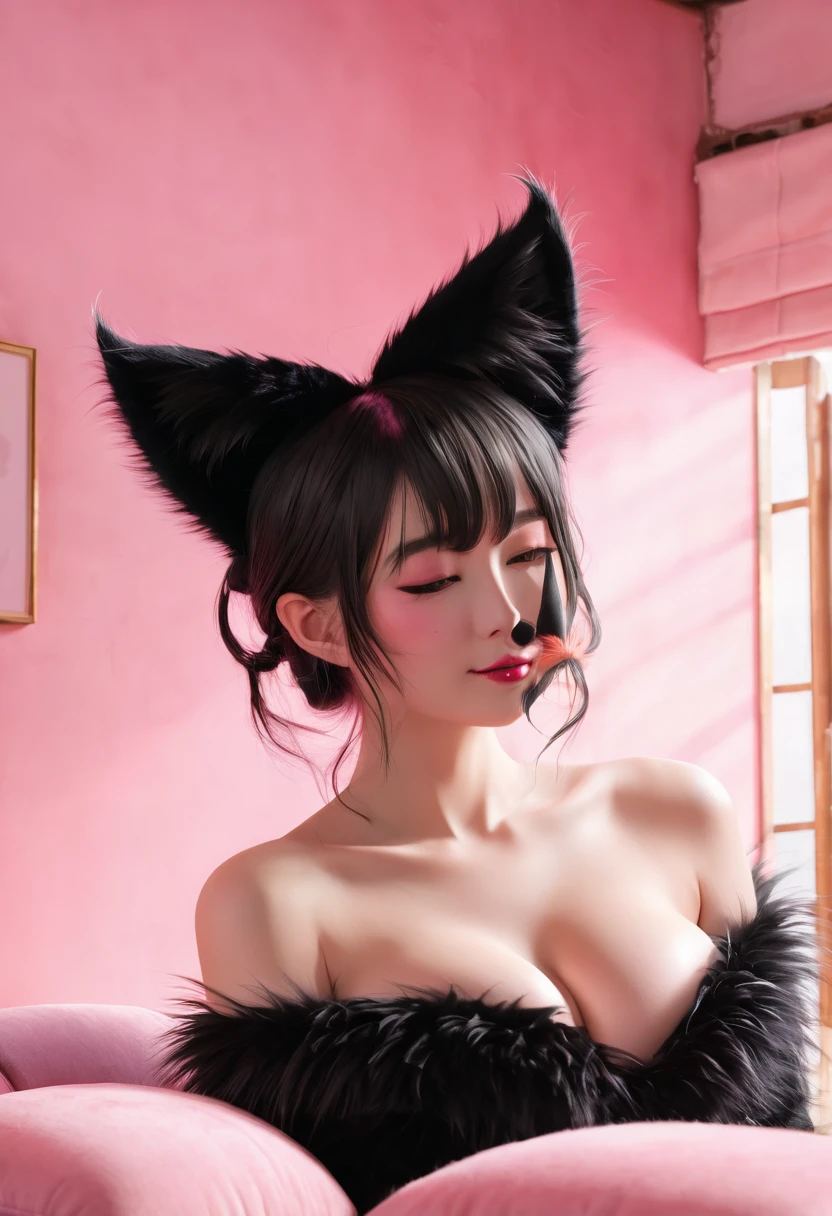 A woman with a wolf skull on her head, ????? with black fur, being a furry wolf