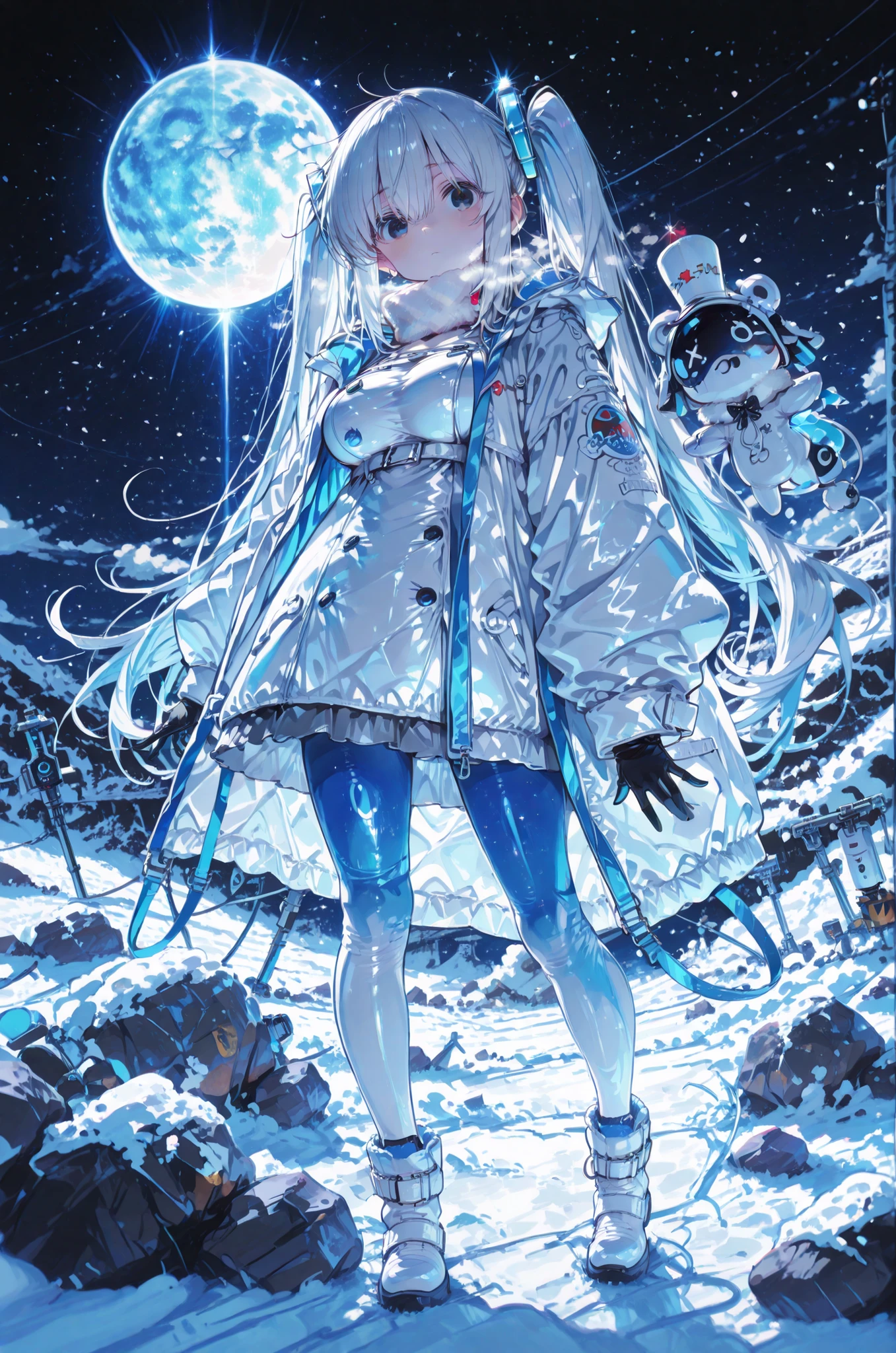 best image quality,High Quality,Super-resolution,solo,Bocchi the Roku,Goto Hitori,hololive,Vtuber,tall（195 cm or more）,boob size is bigger than g cup,Big Breasts,blue and white hair,long hair（Hatsune Miku Hair）,hair grow over 2 meters,Blue and black eyes,Odd eyes,The main colors of all armaments are blue and white,White rubber suit inside,white neck warmer,White and blue boots,white tights,black gloves,machine's blue and white mask,white and blue coat,background is black night sky,Moon,On the rock,standing,standing picture in meadow,I hate you,is staring at me,