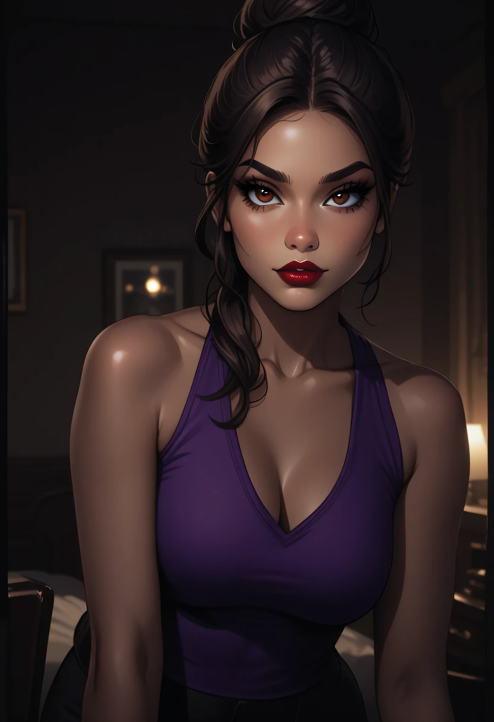1girl, perfect face, black top knot hair bun, black round eyebrows, black eyelashes, black eyeliners, brown eyes, nose, thick red lips, beautiful girl, v-neck, purple tank top, room living
