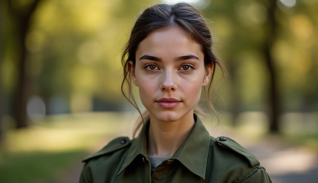 Photorealistic portrait of a 27-year-old French woman with long, wild, wispy black hair and stunning green eyes. The hair is styled in a high, elegant ponytail. Her skin should be natural and freckled. She should have a natural, approachable expression and be lit by a soft, golden light. She should smile. The background should be a military camp. Capture this image with high-resolution 4K photography using an 85mm lens for a flattering perspective. She's wearing green and black tactical clothing.