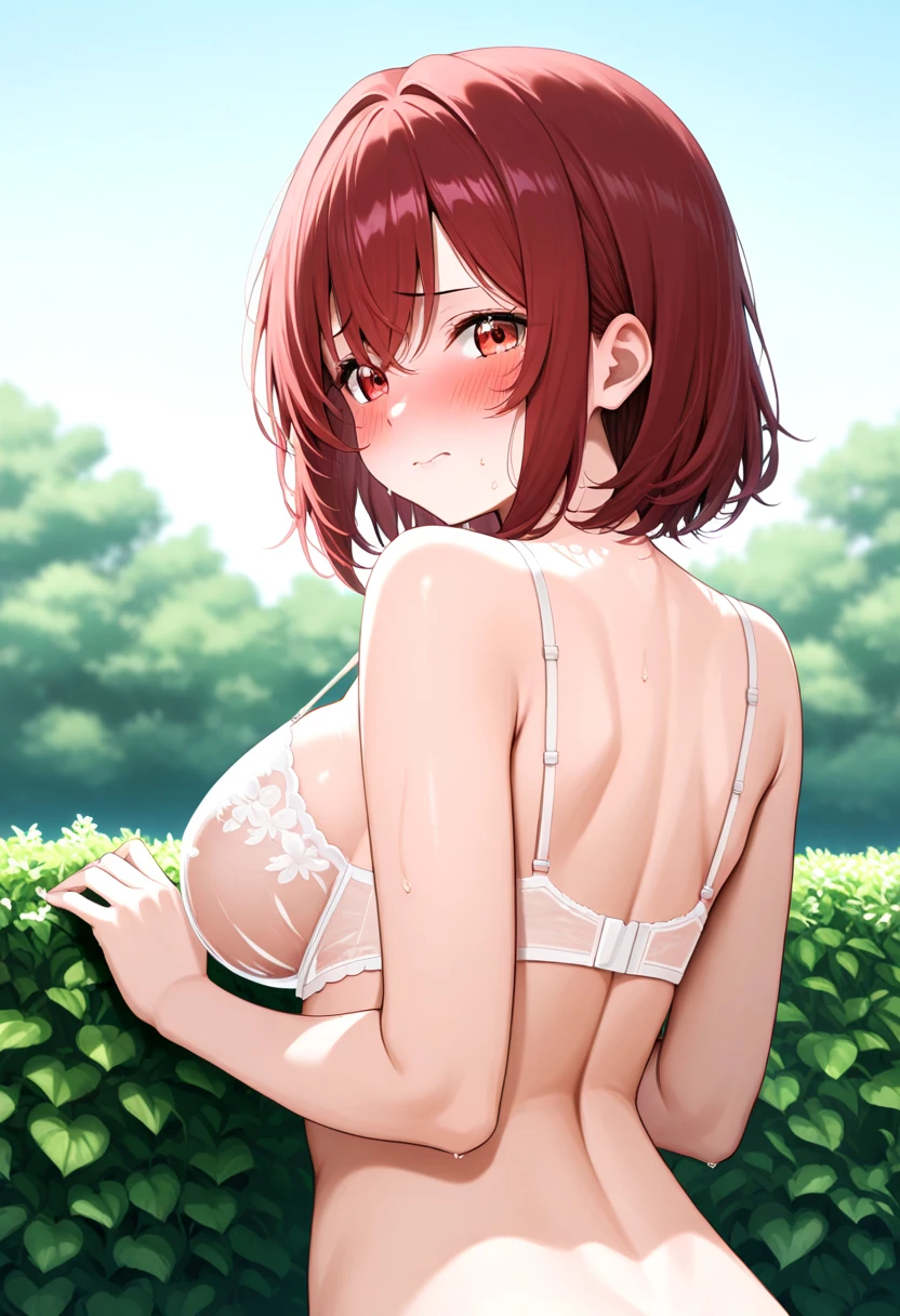 masterpiece, high quality, 8k, Beautiful lighting, sunny day,1girls ,,  ,  {{{{{pov,nsfw:1.9}}}}}, {{{{{(nude)}}}}},,,((small breasts)),(slender body),,squinting, upper body ,((white lace bra)),（close up),blush:0.9,red hair, short hair