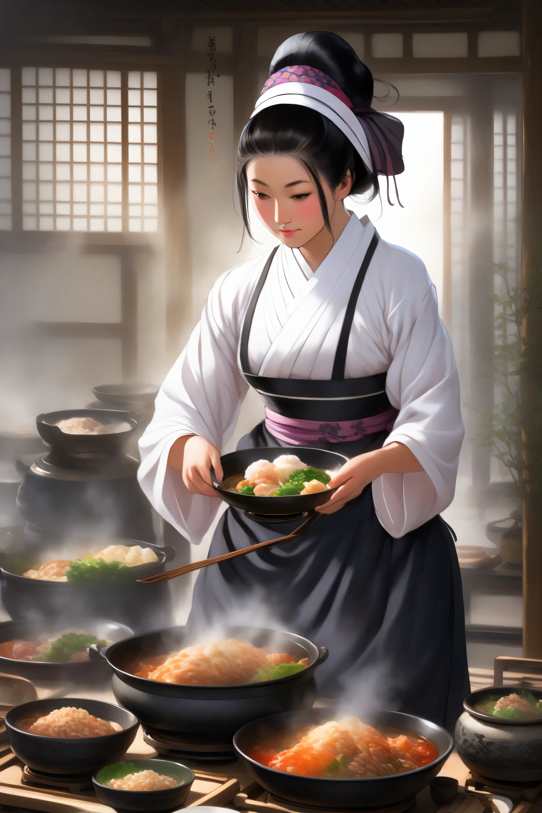 ((masterpiece)), ((highest quality)), high resolution, highly detailed, dark lighting, (sharp focus), fantasy art, Edo period Japan, Edo period Japan, (A young, black-haired maid wearing a headscarf from a kamado cooks a meal: 1.5), (The steam takes the shape of a white-haired old man's face: 1.4), (fantasy world), wooden house, dirt floor,, warm atmosphere, cozy atmosphere, happy feeling, steam,