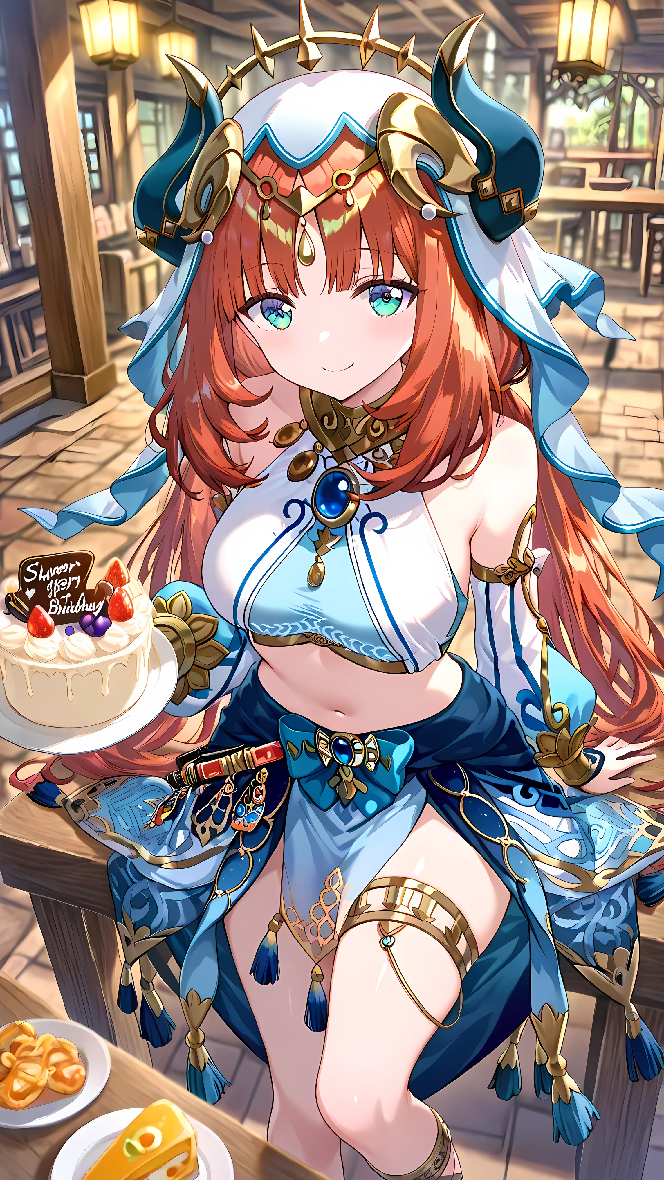 Score_9, Score_8_up, Score_7_up, Score_6_up, Score_5_up, Score_4_up, Source_authentic, masterpiece, best quality, amazing quality, very aesthetic, high resolution, ultra-detailed, absurdres, newest, scenery,(depth of field:1.5),
(super fine illustration,professional quality,ultra high res), beautiful detailed eyes,
(high brightness),
break
aanilou, long hair, red hair, low twintails, horns, white veil, aqua eyes, medium breasts, harem outfit, gold trim, jewelry, neck ring, brooch, crop top, long sleeves, detached sleeves, midriff, blue bow, blue skirt, thighlet
torino_aqua, ((extremely detailed background)), Lots of elements in background,((super-detailed background)), indoors, Birthday, cake, birthday plate, A traditional wooden and straw building, with lots of Asian food on the table, (8K wallpaper)),
cheerful smile, Glossy eyes, Animated, Seductive, Erotic, Glossy skin Thighs, Sexy, ideal ratio body proportions, (Cute Illustration: 1.3), (High Saturation: 1.3), Cute face and eyes, Dynamic lighting,,
stylish, Looking up at the camera, dynamic perspective, looking at viewer, (Dutch angle: 1.2),(dynamic angle: 1.2),(Character birthday illustration style:1.2)