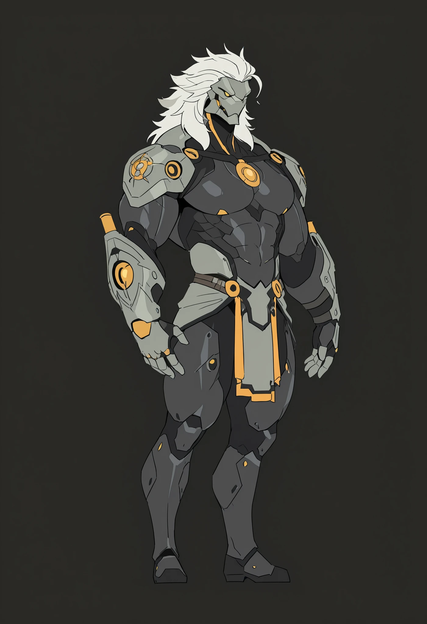 masterpiece, best quality, amazing quality, very aesthetic, humanoid warforged, short mane, detailed musculature, fantasy futuristic body armor, balanced yet muscular physique, thick arms and legs, wide bulky chest, body is a fusion of rubber goo texture and black steel scale, muscle-shaped armor that highlights musculature, mechanical detailed face, simple dark background, dynamic view