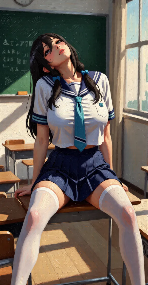 1 mature girl, beautiful face, blue eyes, red cheeks, smile, long straight hair, black hair, long bangs, seky body, colossal ????, overmany, big and droopy, big titietra, wide ????, School uniforms, mini skirt, tight shirt, sitting at the school desk