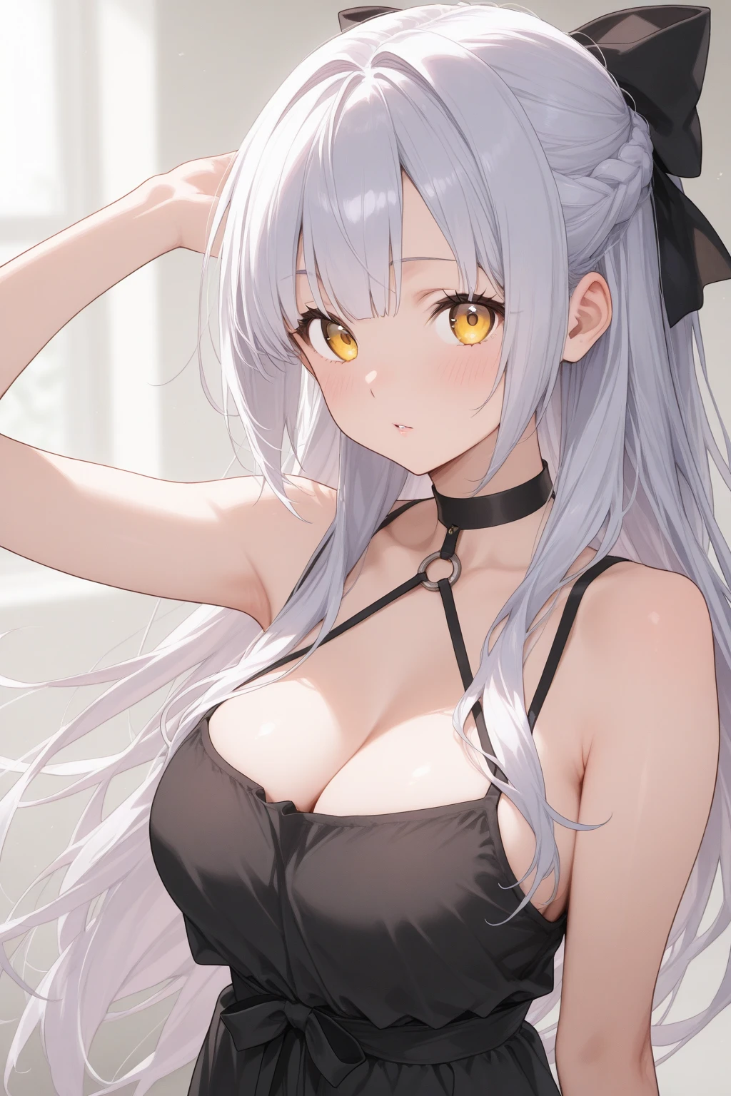 best quality, high resolution, large breasts, white hair, blush, embarrassed, cowboy shot, looking at viewer, Boosette, pink lip, (((black ))), (((sexy marked collarbones))), 