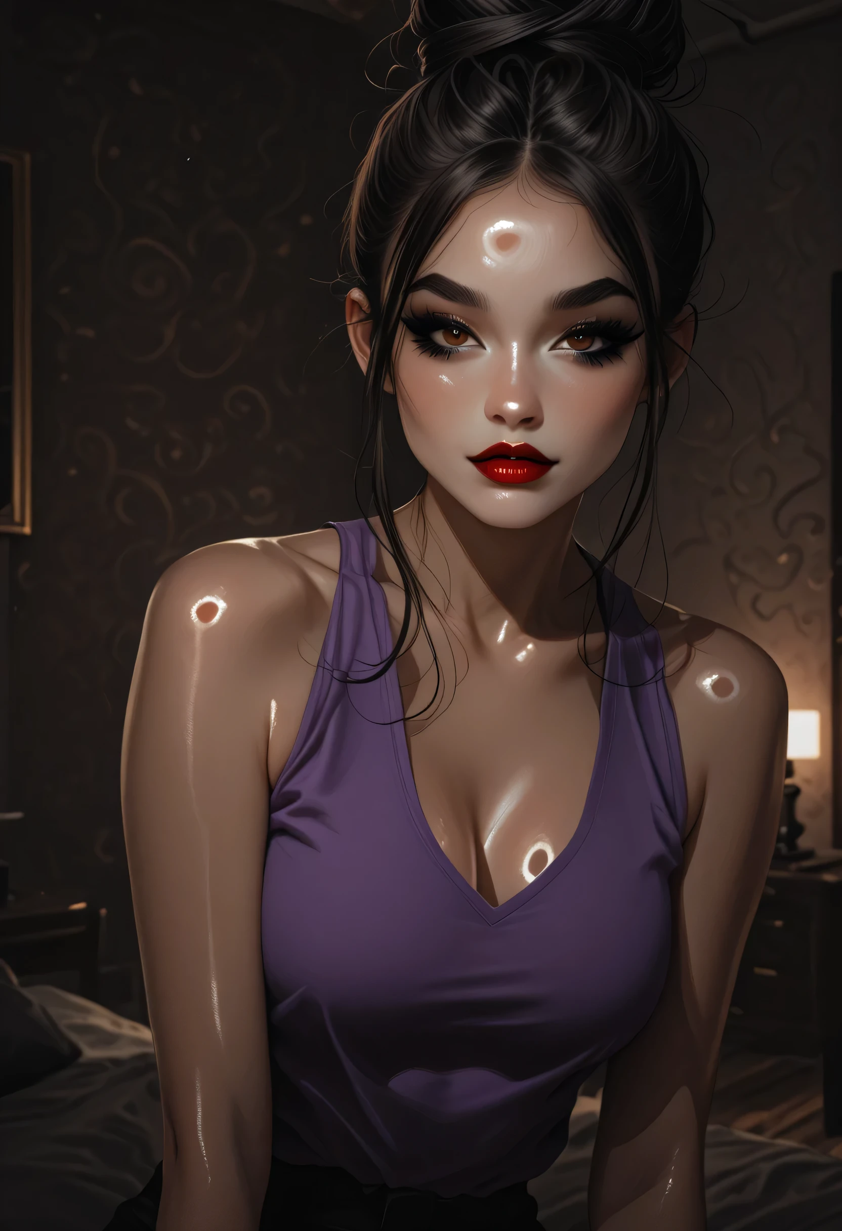 1girl, perfect face, black top knot hair bun, black round eyebrows, black eyelashes, black eyeliners, brown eyes, nose, thick red lips, beautiful girl, v-neck, purple tank top, room living, (shiny skin)
