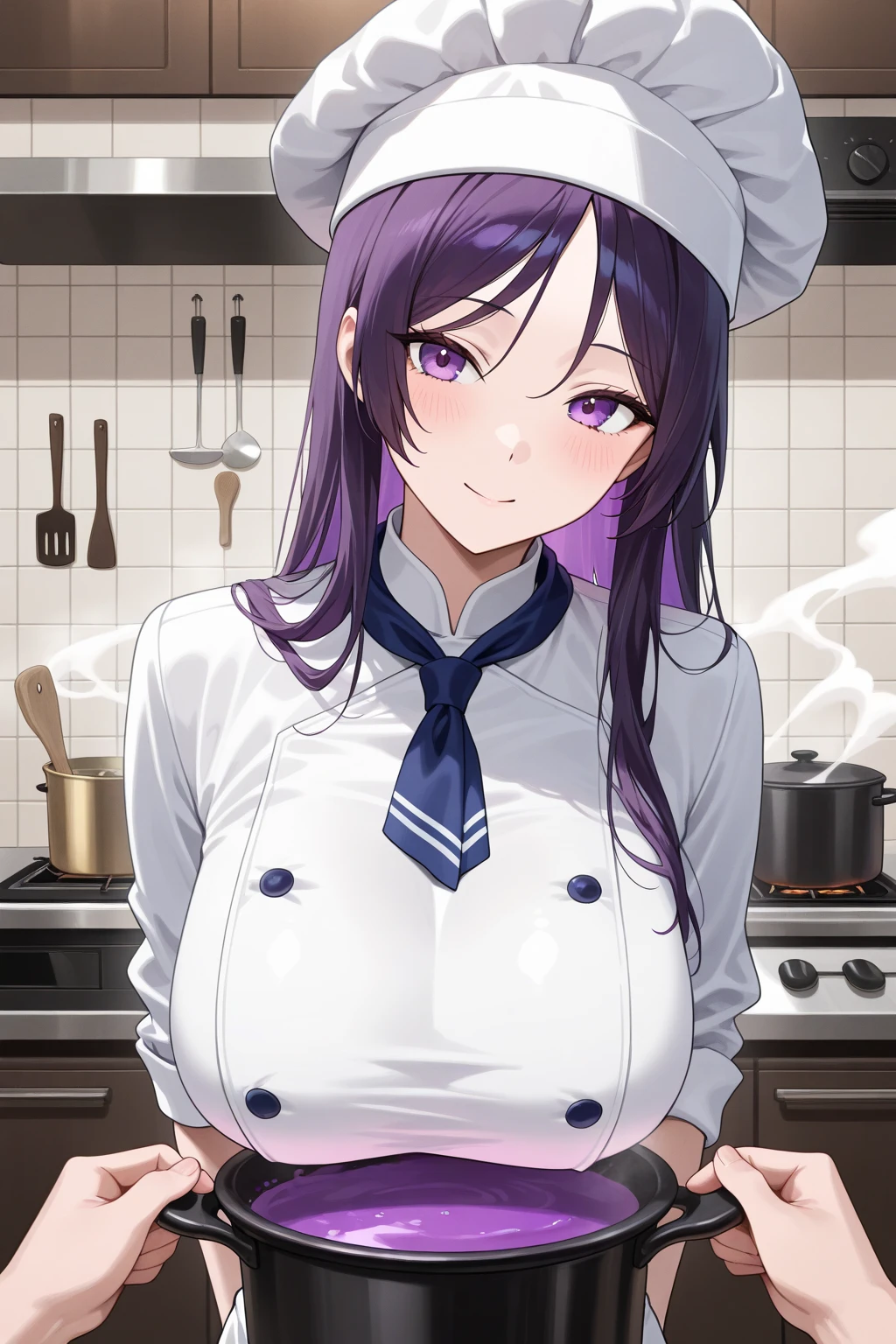 todoshizuko, purple hair, ponytail, hair ribbon, long hair, blue eyes, makeup, 15years old , (wearing nothing:2),cooking, empty eyes, ICE CREAM, large breasts, solo, pool, sea, , blue sky, , 