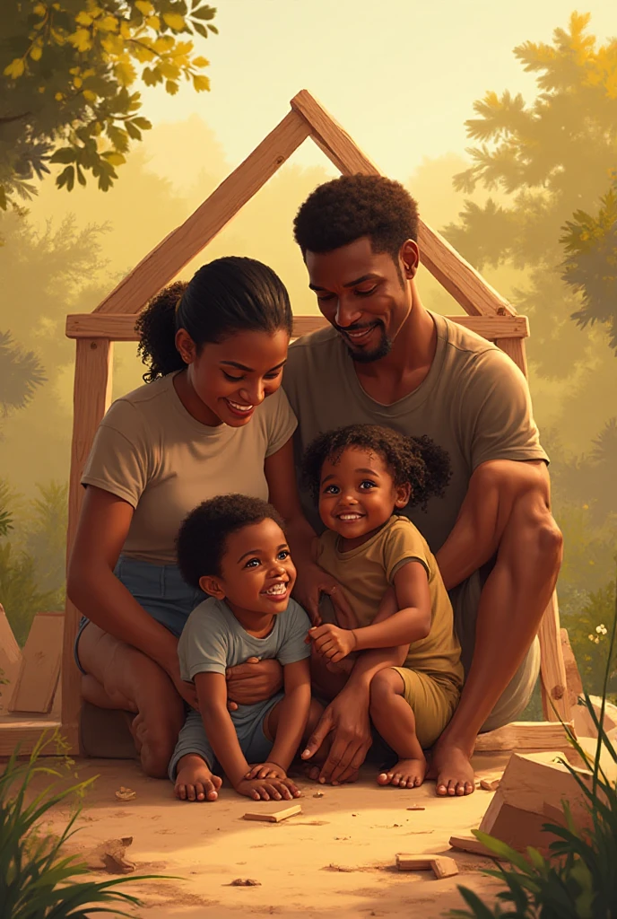 Family Father, mother and two children building a home. Pai, mother and ...
