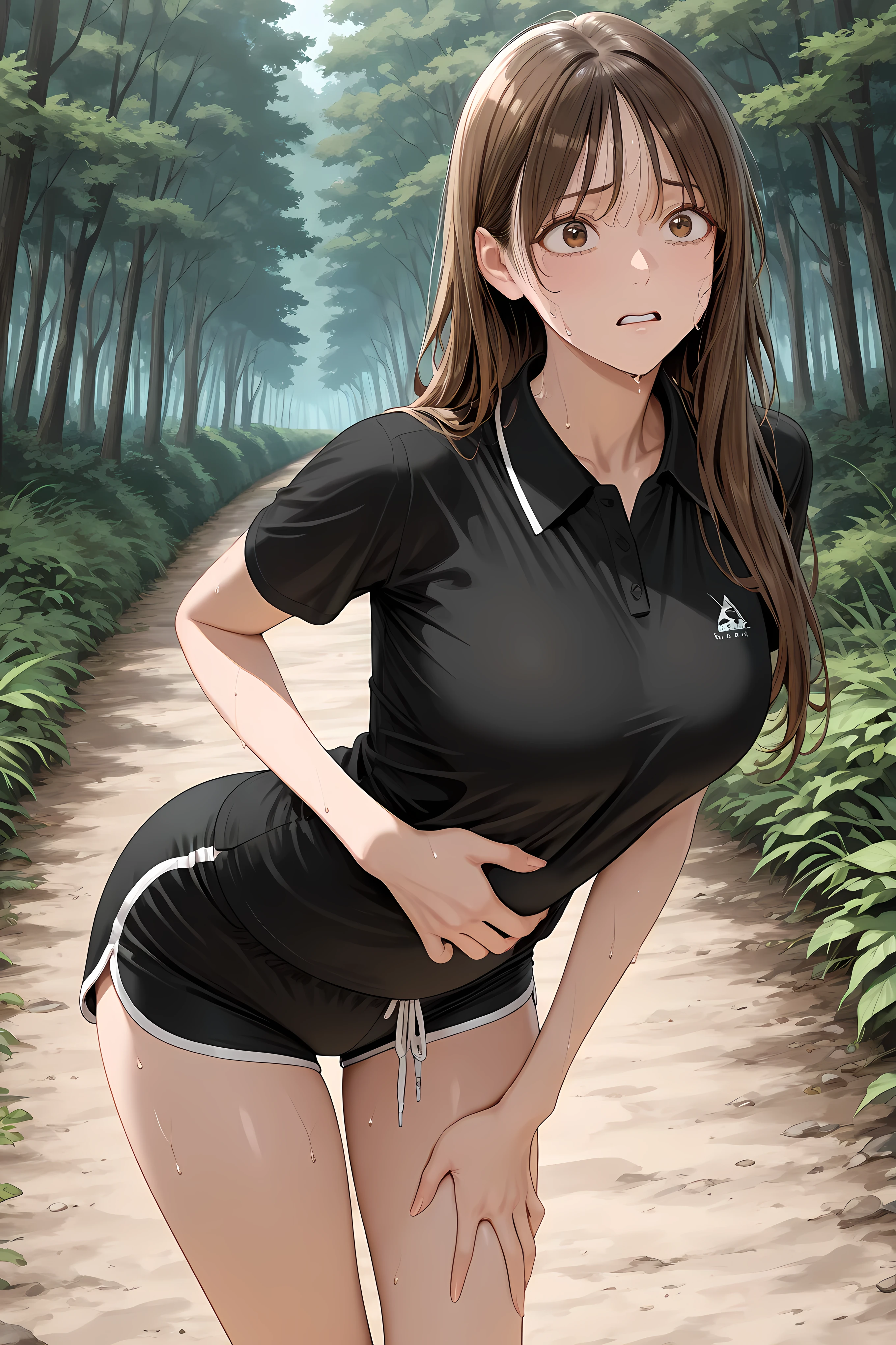 brown hair, long hair, brown eyes,black shirt, collared shirt, short sleeves, black shorts, short shorts, dolphin shorts,

Solo, masterpiece, highres, ultra-detailed, hyper-detailed, best quality,  amazing quality, very aesthetic, best hands, best eyes, best hand, detailed background, 

standing, hand on own stomach, hand clutching stomach, sweat, leaning forward, scared, nervous, pale,

forest pathway,