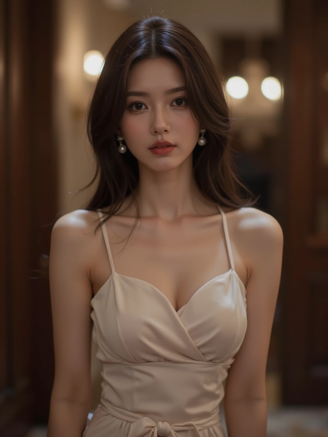 kmwld, (sharp focus:1.2), photo, attractive young woman, (beautiful face:1.1), detailed eyes, luscious lips, (eye makeup:1.2), body freckles, (??????????????:1.0), (tight body:1.2),  wearing (slitdress:1.2) in (red carpet event:1.2). (moody lighting:1.2), depth of field, bokeh, 4K, HDR. by (James C. Christensen:1.2|Jeremy Lipking:1.1).