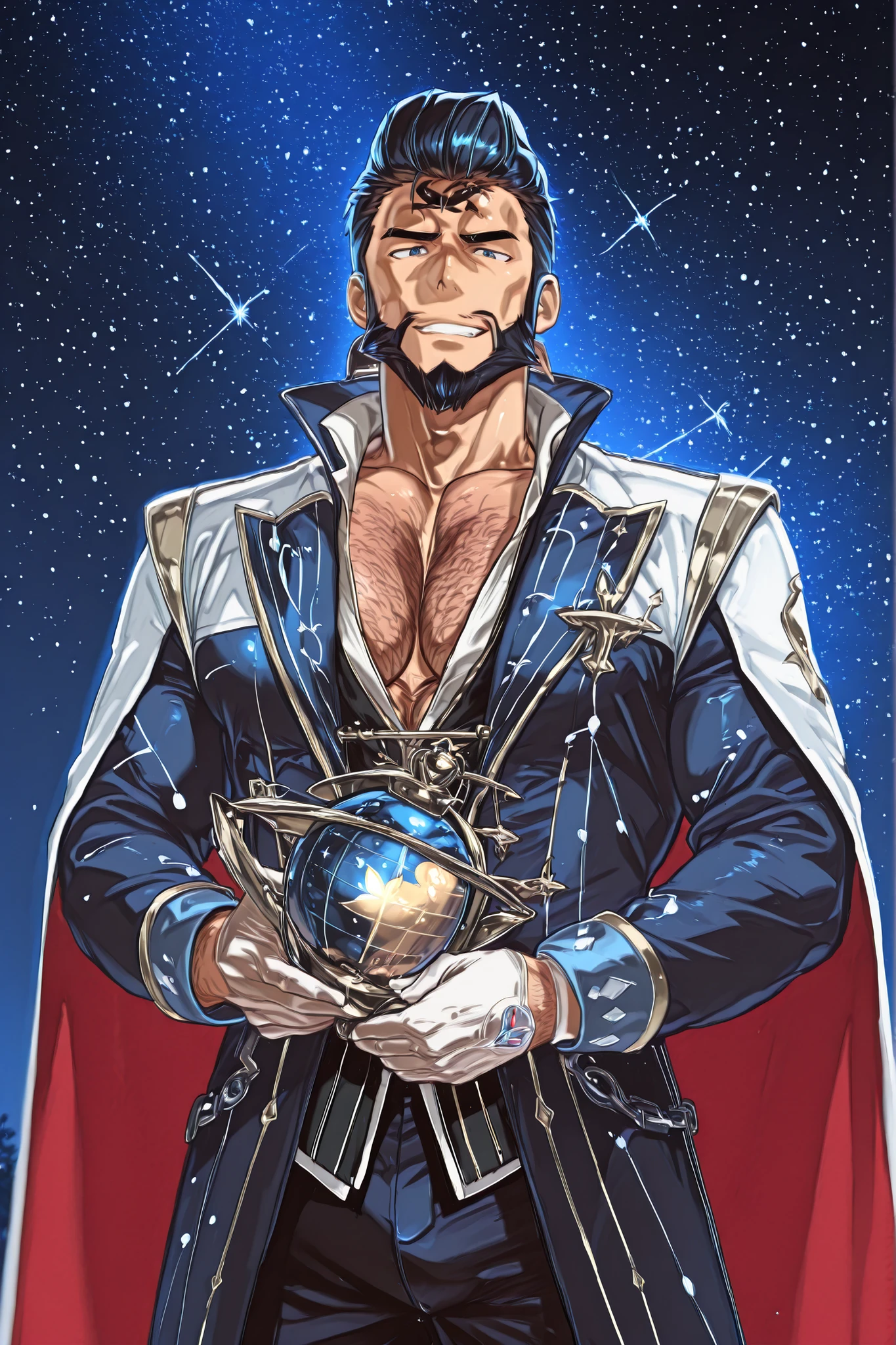 archie-pkmn-ilxl, v, spread armpit, presenting armpit,hmb,hairy male,leg hair,arm hair,chest hair,navel hair,hairy balls,detail, 写実的, ハイレゾリューション, ベルベットグローブスターゲイザー, 星をマッピングするプロの天文学者, (詳細な目:1.2) 銀色の斑点のあるベルベットの手袋で追跡された星座を反映するディープパープルの目, (鋭い目:1.1) 思索的な星空観察の表情, (スムーススキン:1.1) 天文台の光の中で月明かりの顔色, 彼の手袋に合わせた星のアクセサリーが付いたワイルドなヤンキースタイルポンパドールのリーゼント、紫いアンダートーンのレイブンブラックヘア,ワイルドな髪と同じ色のサイドバーン、体毛と同じ色の顎のラウンド髭と口髭、逞しい胸毛、下腹部の体毛は多め、 微妙な星座模様のミッドナイトブルースーツ, ベルベットの手袋をした手で望遠鏡を調整する集中したポーズ, 夜空を映し出す開いたドームを持つハイテク天文台, 星の光が彼の星座マッピングベルベット手袋を照らすときの畏敬の念を抱いた表情, 写実的 rendering, 自然な肌の質感, 夜の写真 , 劇的な天体照明