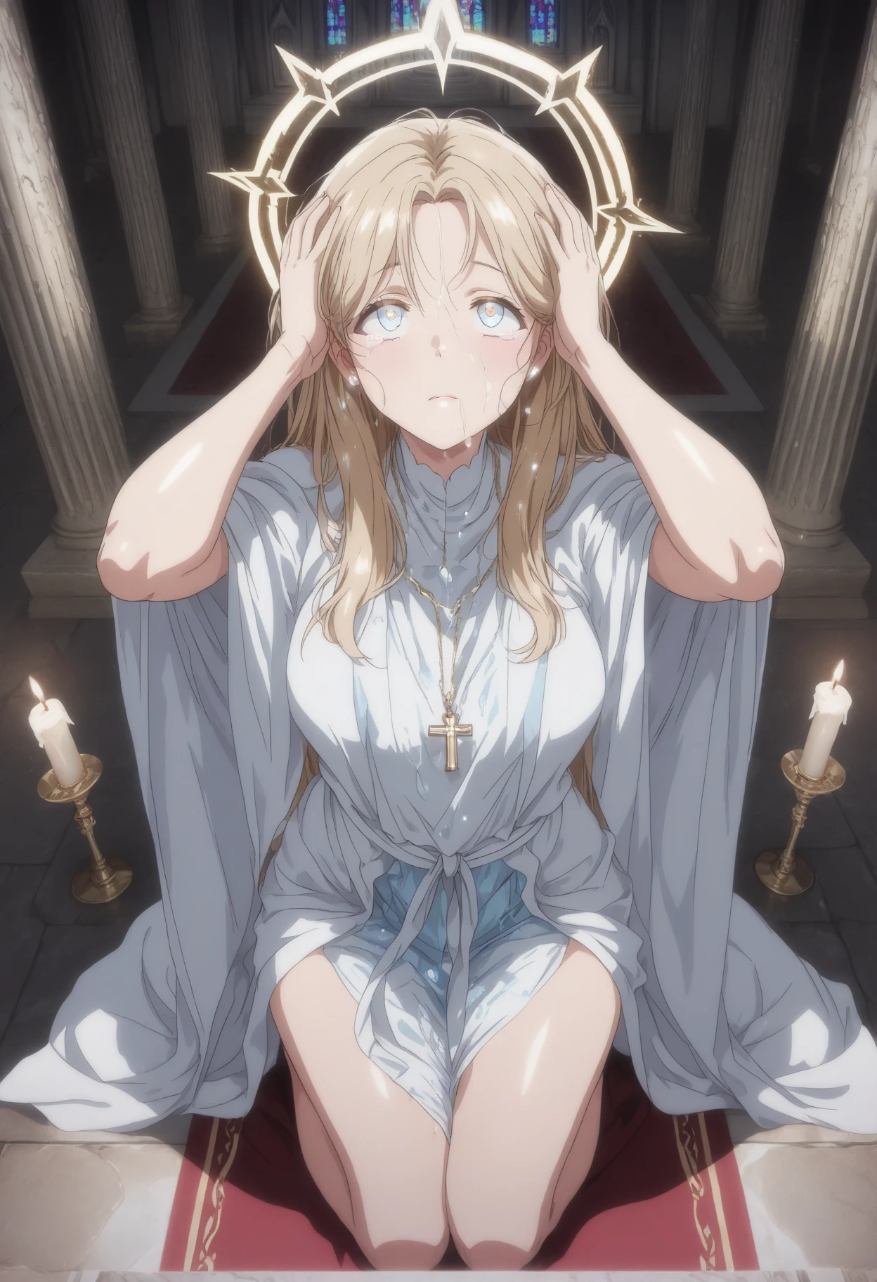 {artoria pendragon_fate ubw:1.15},(((blond hair:1.5))), ((detail beautiful closed_eyes , :1.8)),,, ((Strong light )) ,  ((1 very tall girl)),,, alone,, ((detail closed eyes, squinting,)) ,squinting,((open mouth :1.7))  ,hair between eyes, , (((  straight hair,:1.5 ))),    thighhighs,                            
BREAK, (((???????:1.7))), (( white lace panties:1.7)) ,, BREAK , , beautiful light, , close up face:0.2,　detail navel , detail thin thigs, ,    ((???????????:1.5)),                                                                                                                                                                                                                                                   BREAK, ((BREAK ,sitting on gray liquid:1.7)),((Legs trembling)),  trouble eyebrow, ,                                                                                                                                                                                                          
????,(???????:1.8) ,(slut:1.6),(vulgarity:1.7),(????????????:1.8),(steam:1.5),(Wet:1.5),(trembling:1.5),(((Twisting the body:1.7))) ,(drooling:0.2),(sweat:1.5),closed mouth:0.8, wince,(??????:1.7), trembling:1.8,　　　　　　　　　　　　　　　　　　　　　　　　　　　　　　　　　　　　　　　　　　　　　　　　　　　　　　 beautiful upper body, Beautiful body, beautiful character design, perfect eyes, Perfect face, expressive eyes, Turning the face side to side,(church:1.5),in the center of the image, official art,High Definition CG Unity, Perfect lit, bright_front_face_lit, ,(Highest_quality:1.0),4K,Super detailed, photograph, 8k, nffsw, High resolution, absurdes:1.2, kodak portrait 400, film grain, Lens flare, (lively_Farbe:1.2) (beautiful, small ??????:1.7), (beautiful_face:1.3),(narrow_waist),((blush)), ((detail ??????)),,sabias, dress,                          　　　　　　　　　　　　　　　　　　　　　　　　　　　　　　　　　　　　　　　　　　　　　　　　　　　　　　　　　