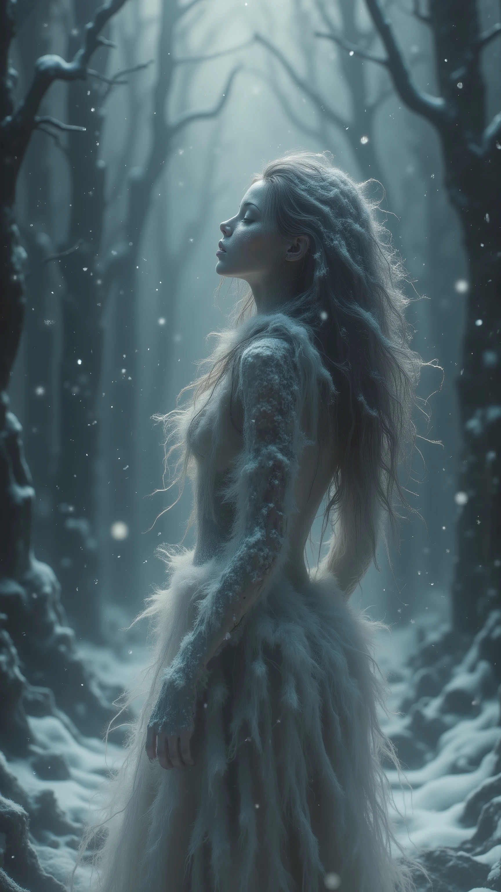 A solitary figure (nude:1.5) stands in a snowy landscape, surrounded by tall, sparse trees with a muted gray sky. The model is viewed from behind, showcasing her graceful posture as snowflakes gently fall around her, creating a serene yet striking contrast to her skin. The focus is on elegance and tranquility in a minimalist composition, emphasized by soft lighting that highlights the contours of her body. Capture the cool tones and the ethereal quality of the snowfall. Avoid any harsh shadows or distracting elements (negatives:1.2). Render with high detail, favorable for fashion photography. Detailed, high-quality image, photorealistic, 32k resolution, using --ar 16:9 --v 5 --q 2 --s 750, (perfect skin), atelier lighting, intimate atmosphere, masterpiece, ultra-detailed, physically-based rendering. Employ sepia undertones to echo the rustic glow of firelight in a dim setting. Use --ar 16:9 --v 5 --q 2 --style hyper-realistic, cinematic, (from front side: 1.25), (freckles:0.25), (pretty and cute face:1.45), (smile:1.15), (small breasts:0.25), (flat chest:0.25), (cute chest:0.45), (cute ass:1.45), (muscle ass:1.5), (wide hips:1.5), (thing gap:1.45), (perfect teeths:1.5), (wet skin:1.25), (anatomically accurate fingers:1.2).