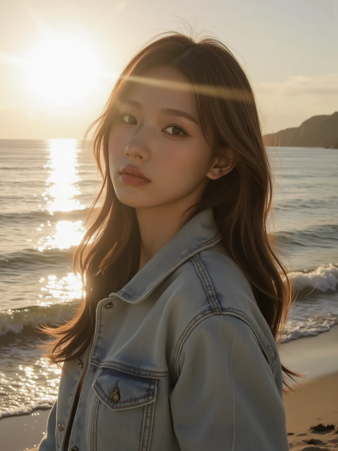 (hyperrealistic), (illustration), (high resolution), (8K), (extremely detailed), (best illustration), (beautiful detailed eyeest quality), (ultra-detailed), (masterpiece), (wallpaper), (photorealistic:1.3), (natural light), (rim lighting), (detailed face), high detailed realistic skin texture, anatomically correct, solo, 1 girl, (high detailed realistic long hair:1.2), (blonde-brown hair:1.3), heterochromic eyes, (detailed green eyes), (realistic :1.2), long legs, tight abs, dynamic pose, (closed mouth:1.2), sports hoodie, (upon body from head to thighs:1.2),  shoulders, ribbed sweater, sports pencil skirt, high-waist skirt, black skirt, head rest, sitting, outdoors, necklace, sports bikini, (at the beach next to the ocean:1.3), sitting at the beach. Islands in the back ground, people behind the main character, other characters out of focus, main character in focus.