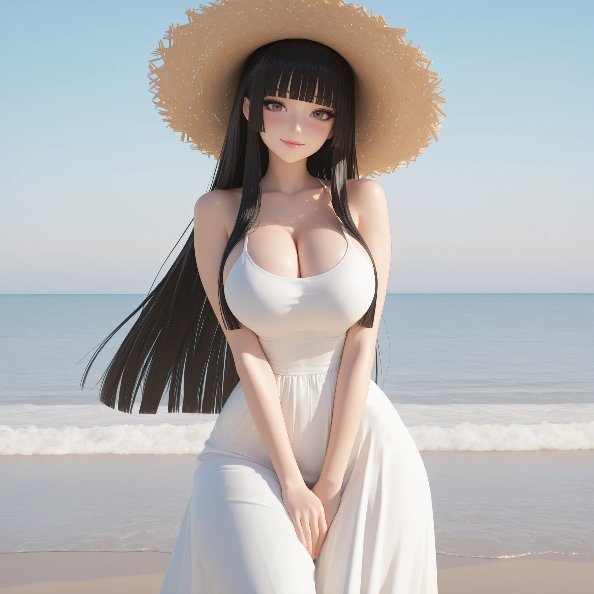 masterpiece, ultra-HD, impressionism, high detail, best quality, very aesthetic, 8K, best quality, beautiful, ultra-high resolution, 32K UHD, sharp focus, 3D, 1woman, solo, long hair, black hair, straight hair, loose hair, blunt bangs, long locks, almond-shaped eyes, brown eyes, eyelashes, black eyeliner, pink lips, makeup, , narrow waist, wide , thick thighs, shapely legs, slim, white sundress, cleavage,  shoulders, long skirt, straw hat, blush, smile, cute, hands on lap, standing, looking at the viewer, beach background, front view
