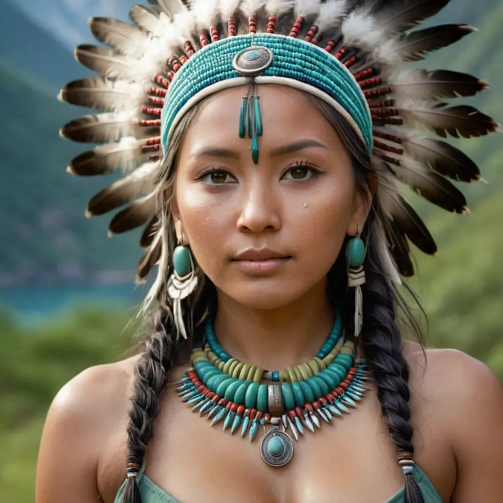 (Realistic:1.5), photorealistic, RAW photo, analog photo style, depth of field, ultra detailed photo of american indian woman, cute face, perfect body, , pleasure, full body shot, some accessories with native and futuristic elements, 20 years old, she tilted her head but looking to camera, in idillic foggy hollow, dinamic pose, in style of Luis Rojo, naturally cinematic colors