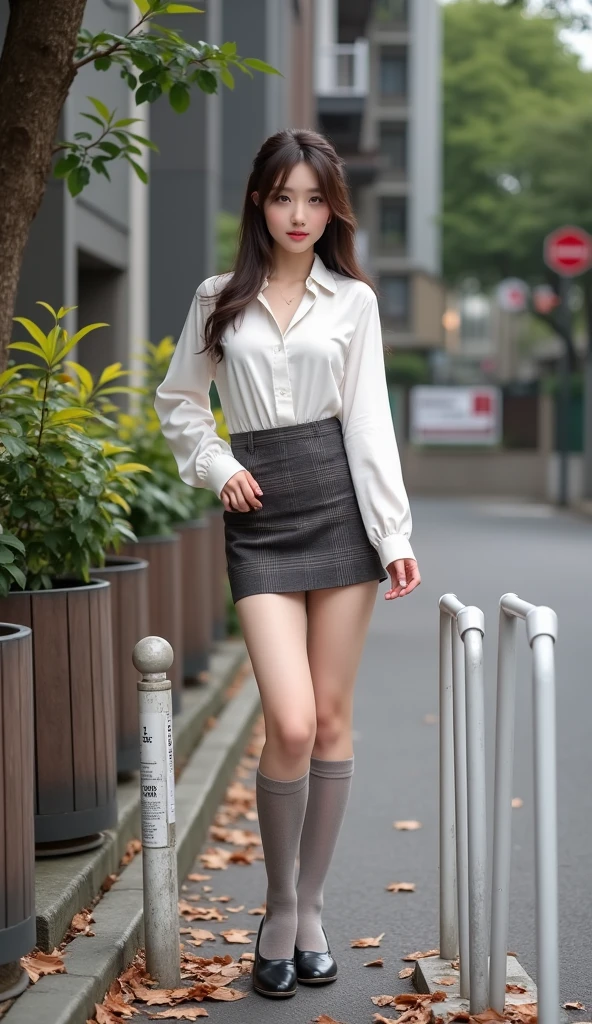 Full Body Shot, Standing pose, Masterpiece, Best Quality, OriginalPhoto, absurdes, UHD, 1Girl, Wavy hair, Long grey brunette, Perfect fingers and slender legs, perfcect big smile, yak,looking up at viewer, Seoul Street, intriciate detail , detailed background, Detailed skins, Pores, high resolucion, HDR, beautiful model, soft light on the face, BAPV_Model, Medium Tits, cleavage, ((White shirt_Black Narrow Skirt)), black high heels, Black pantyhose, hazy_light_Background with,