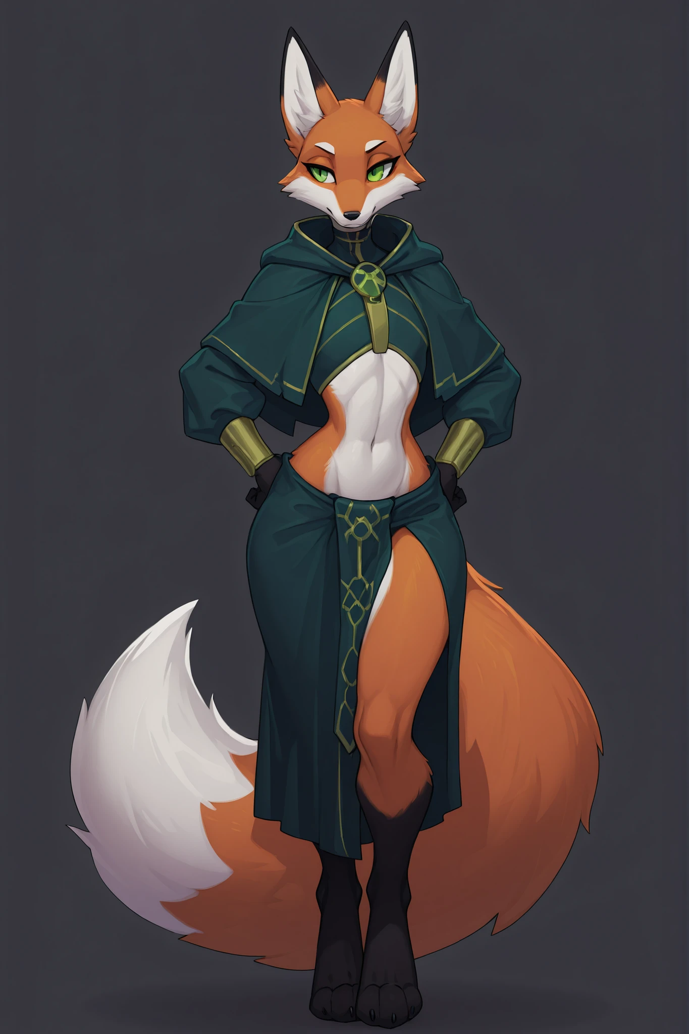 Necron, anthro fox, male, fox, fox's tail, fox's feet, narrow waist, lean physique, thin, narrow waist, femboy body, nobleman's clothes, highly detailed, best quality, fullbody art, gray background