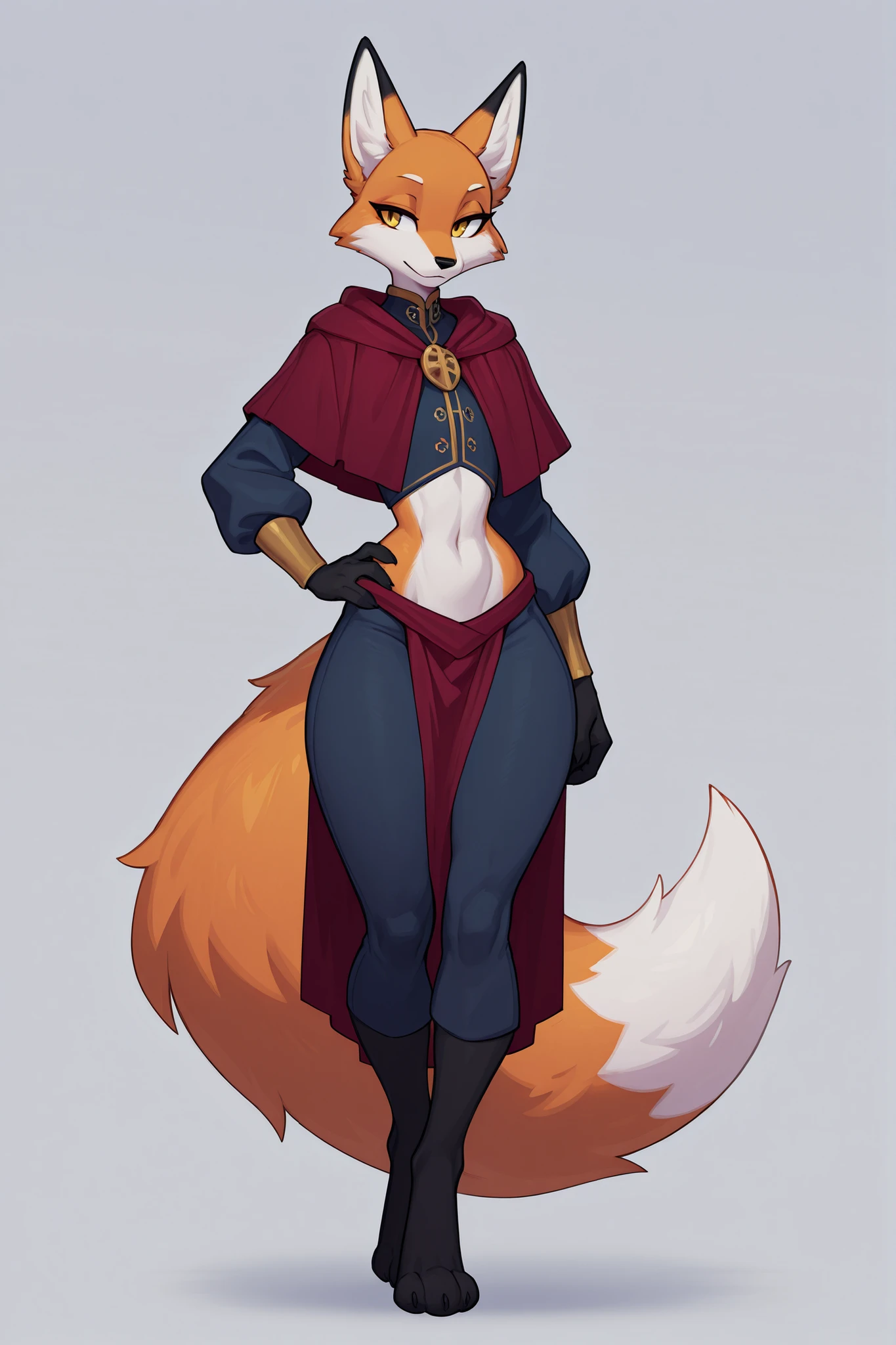anthro fox, male, fox, fox's tail, fox's feet, narrow waist, lean physique, thin, narrow waist, femboy body, nobleman's clothes, highly detailed, best quality, fullbody art, gray background