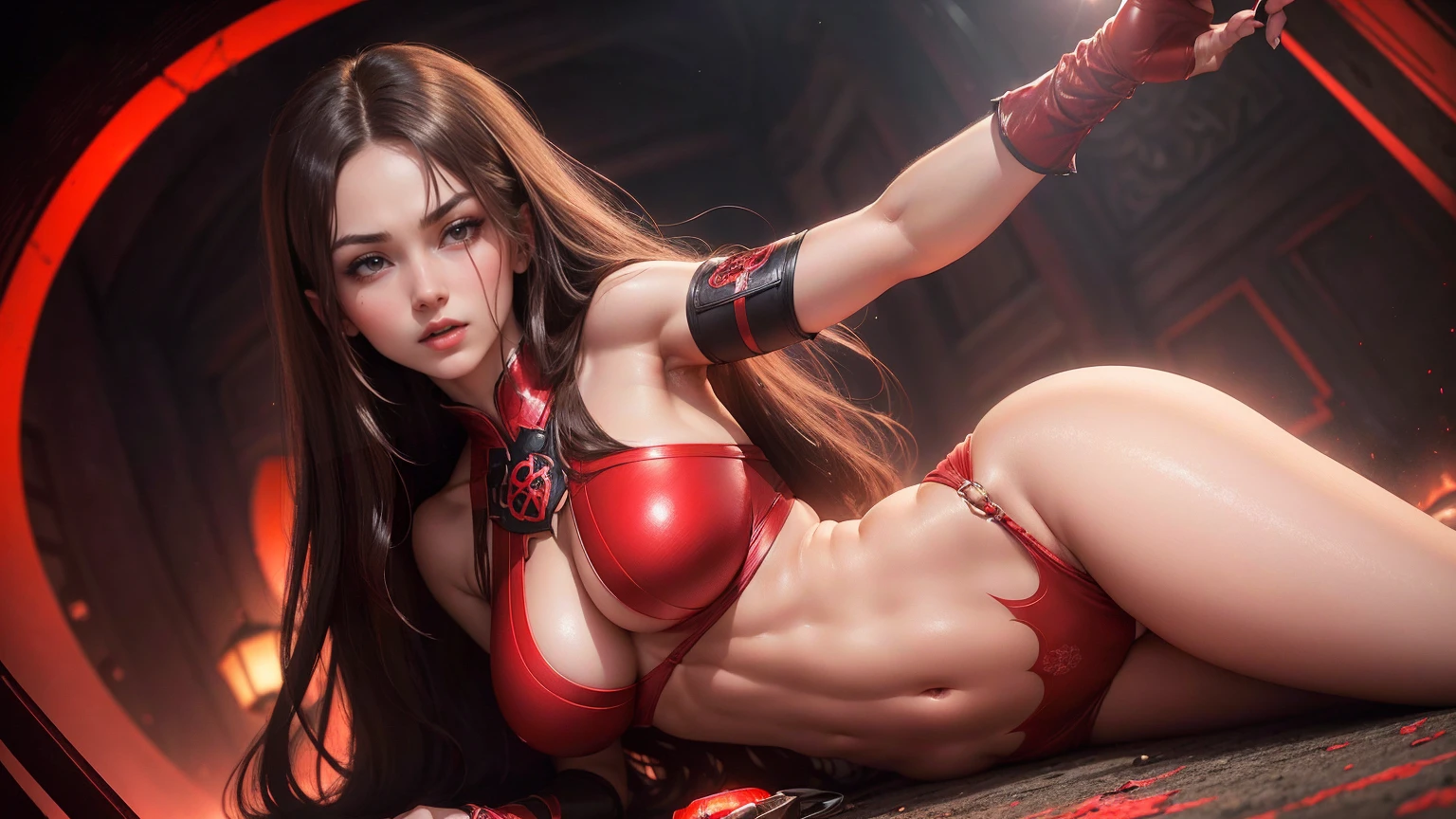 A surreal shot of a sexy and  female warrior crawling on the ground in a dramatic pose. She has long wavy black hair, fiery red lips and piercing eyes. She resembles an iron woman. The woman is crawling towards the viewer, placed on the right side of the 16:9 widescreen frame, her body low to the ground. Her hands are on the ground and level. The background is an ancient stone corridor filled with fog with towering columns and a mystical blue light shining through the ceiling. Add light fog, deep shadows and cinematic contrast. The atmosphere is intense, mysterious and powerful.