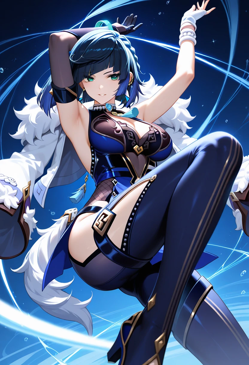 (Masterpiece, best quality 1.2), euladef, solo, blue hair, blue tie, purple eyes, sea of stars, reflection, looking at the audience, beautiful, black stockings, high heels, beautiful (detailed eyes, detailed face 1.3), nswf