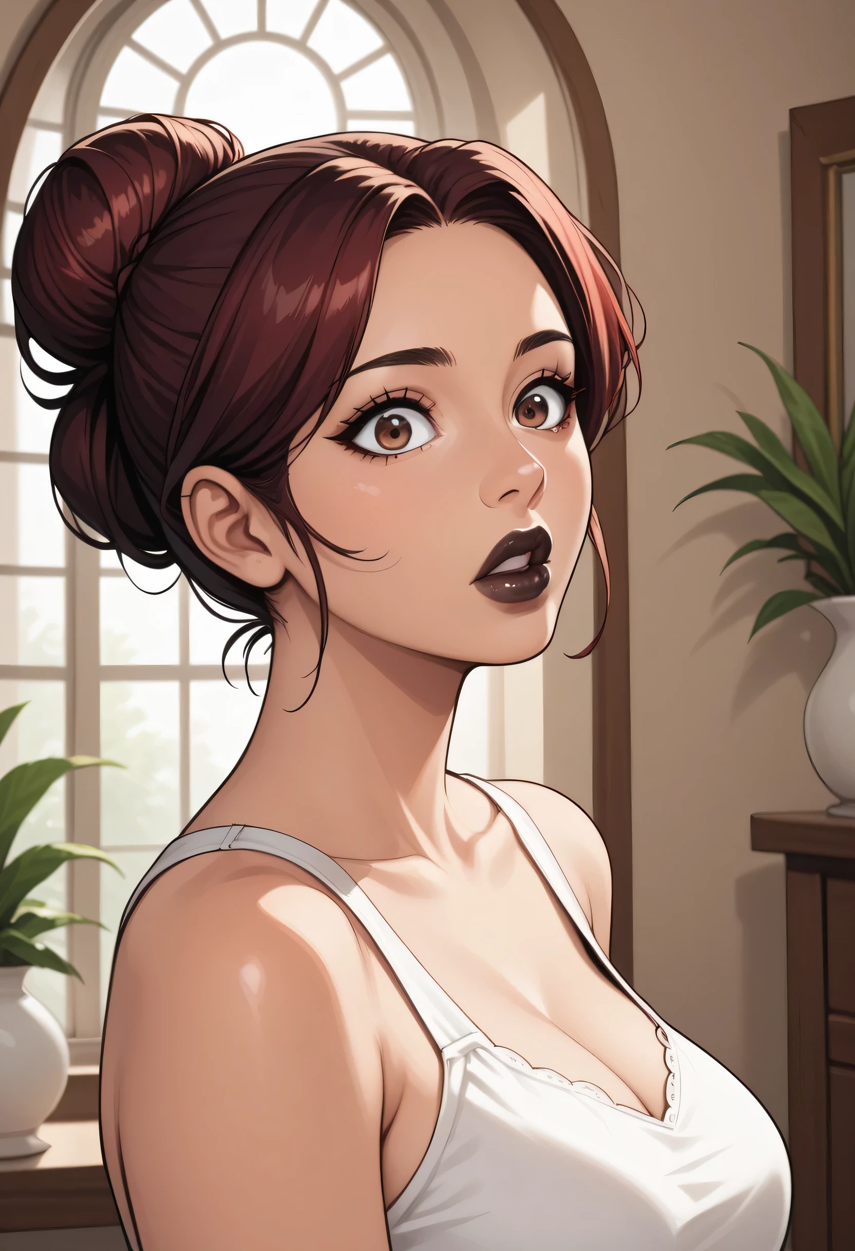 ((Perfect Face, Red Hair Bun, Big Eyes, Brown Eyes, Black Thick Lips, Female Beautiful)), (Anime Girl, Illustration, Drawn, Portrait, Solo), (Female African, Brown Skin), (Surprised)